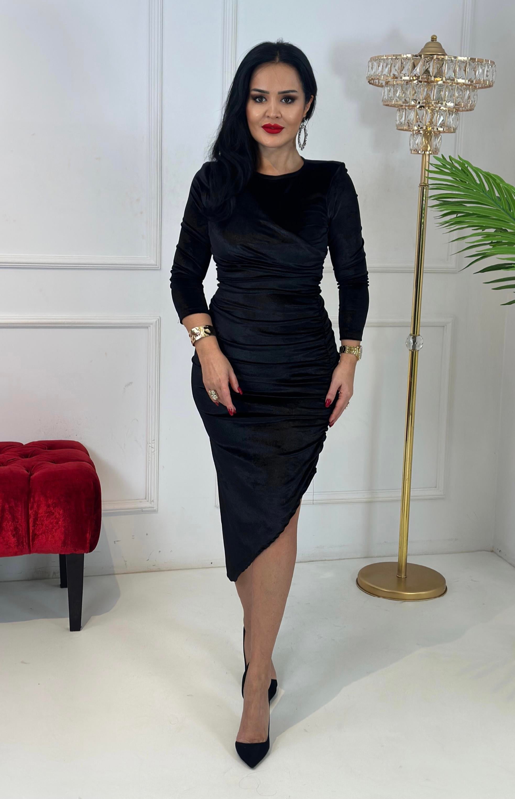 4387 İthal kadife siyah elbiseKemdmsmdm