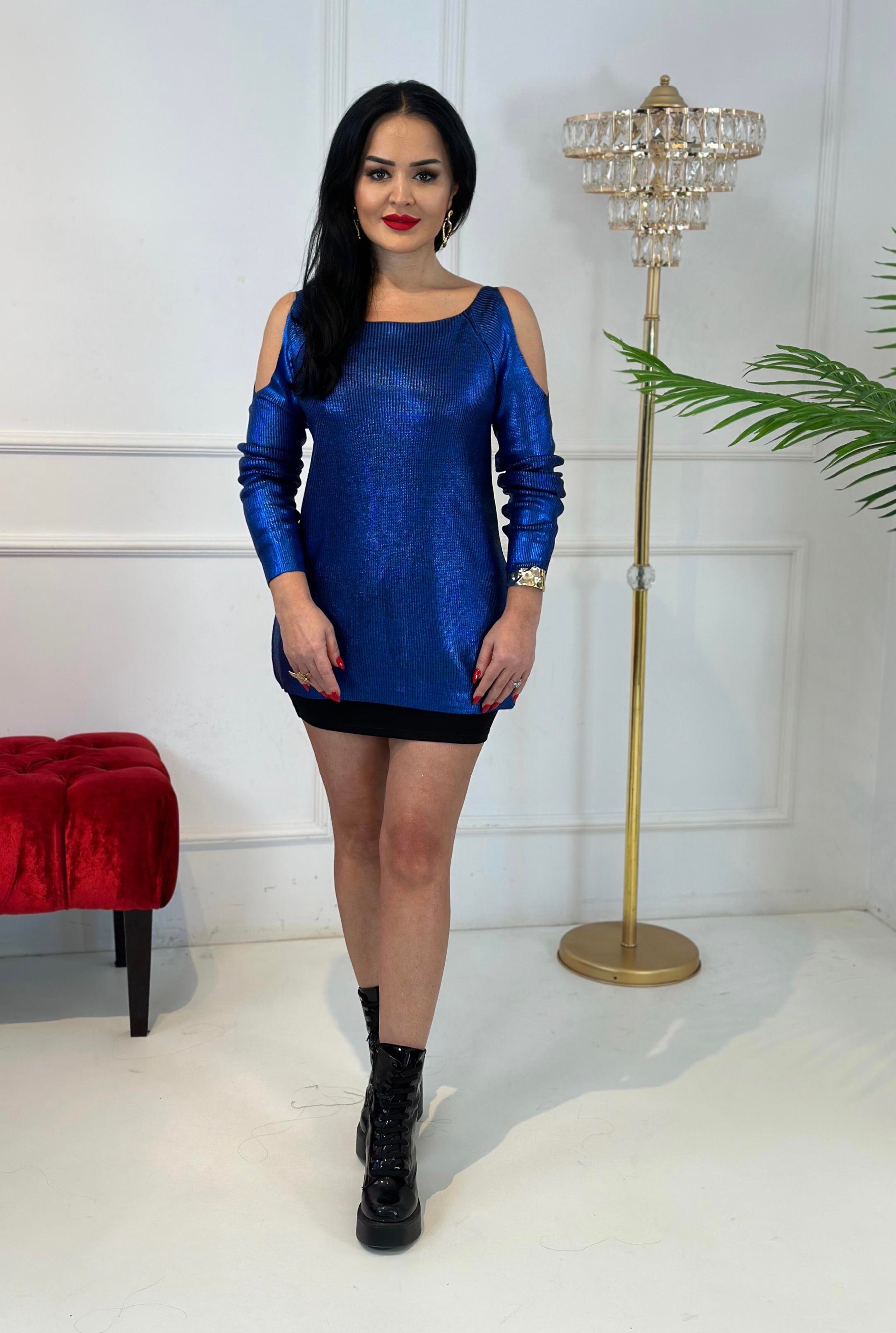 4422   Omuz   dekoliteli mavi varaklı bluzdef45ty54y5