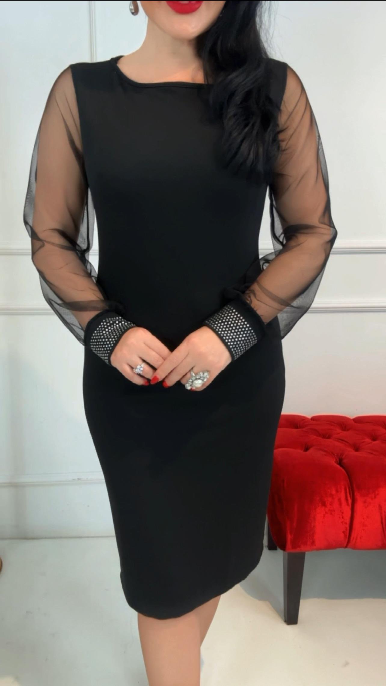 4428 Kolları tül siyah elbise hyshsywsyw