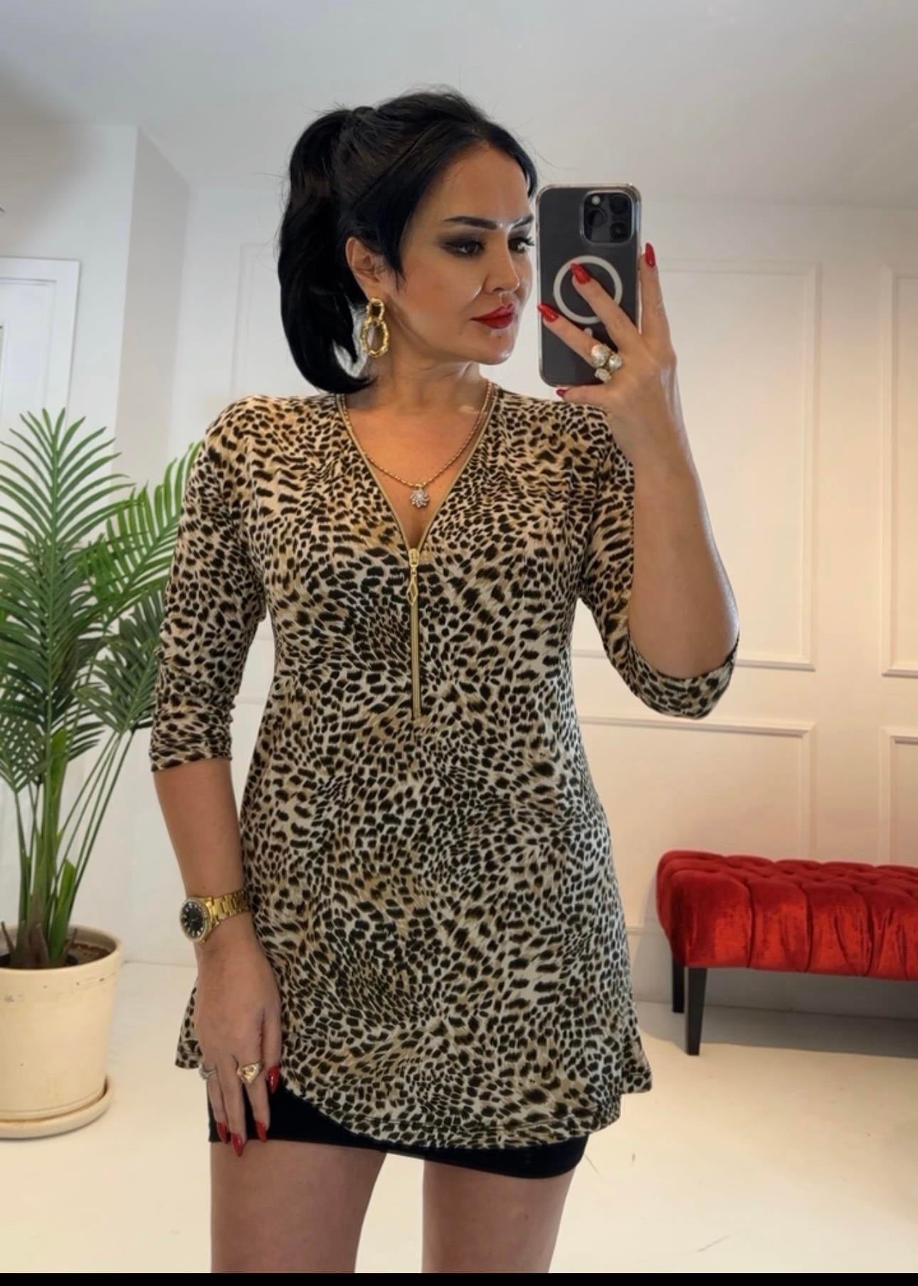 4438  Fermuarlı  küçük  leopar bluzTFUF