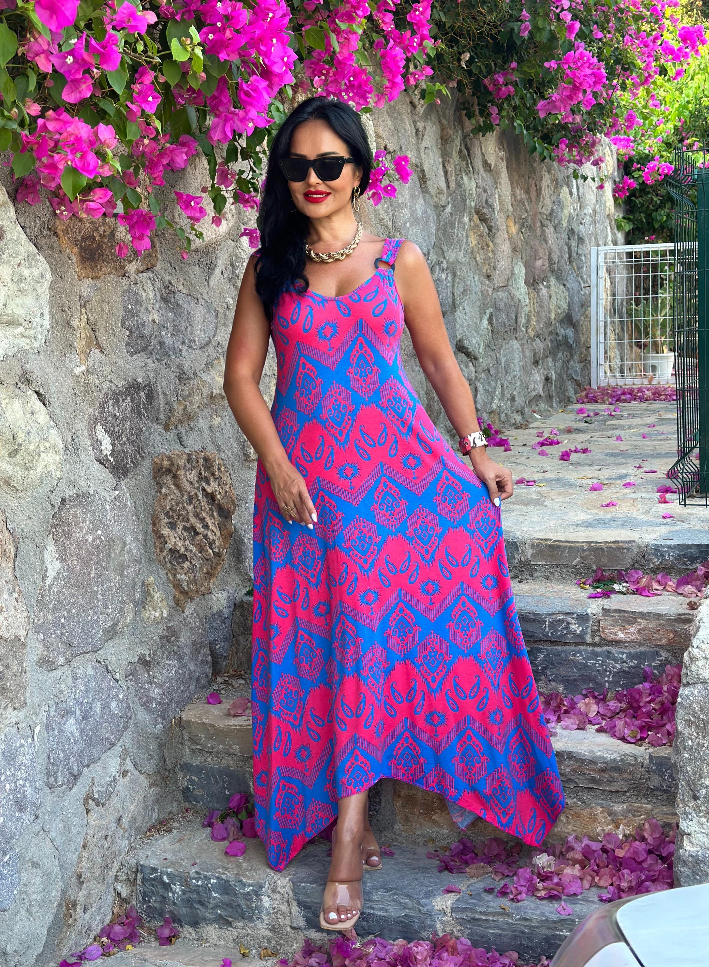 4450 Pembe    desenli halka detaylı asimetrik elbise 4450