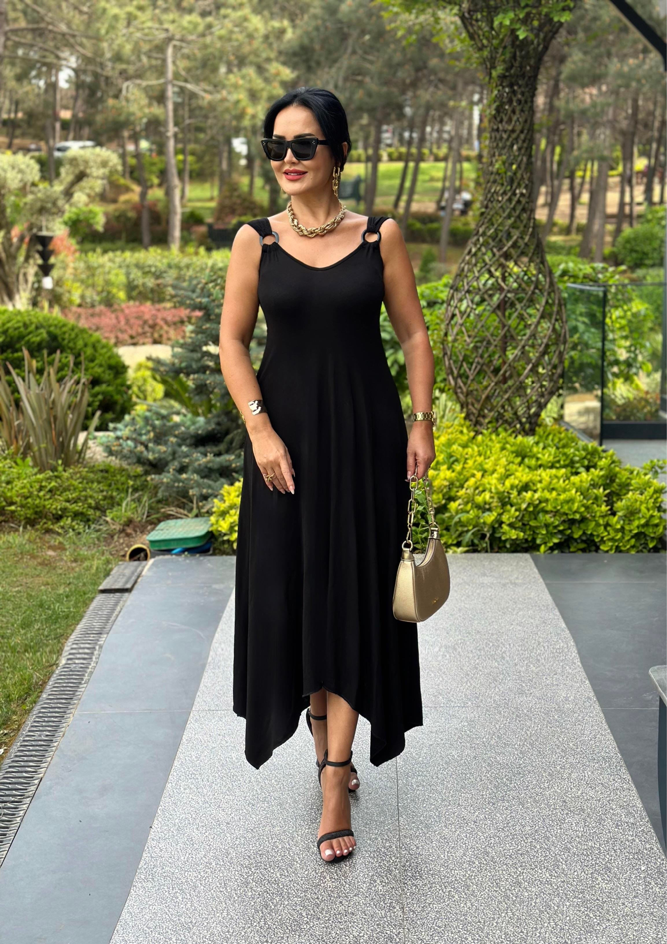 4450 Siyah   halka detaylı  elbise 4450