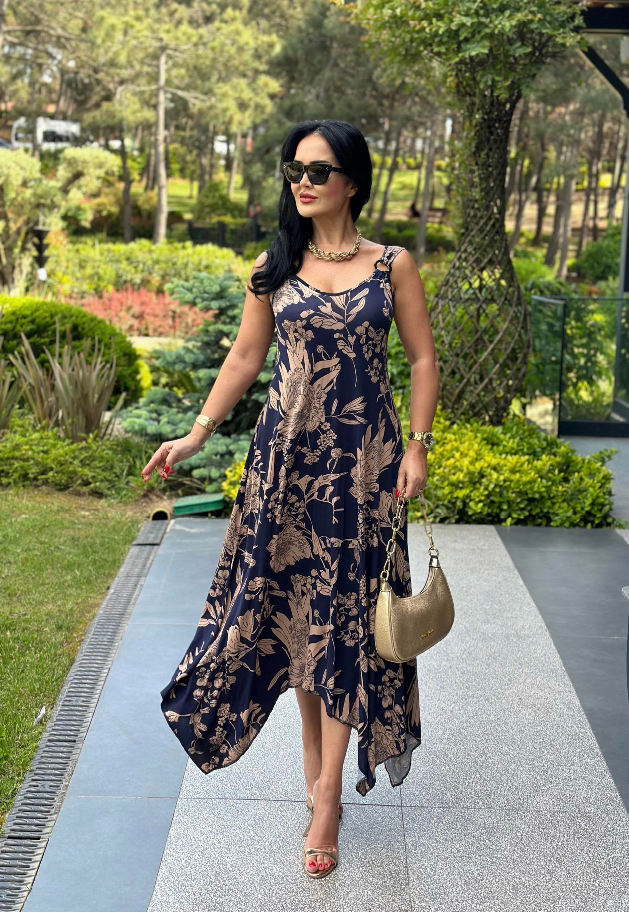 4450 Vizon    çiçekli  lacivert halka detaylı asimetrik elbise4450