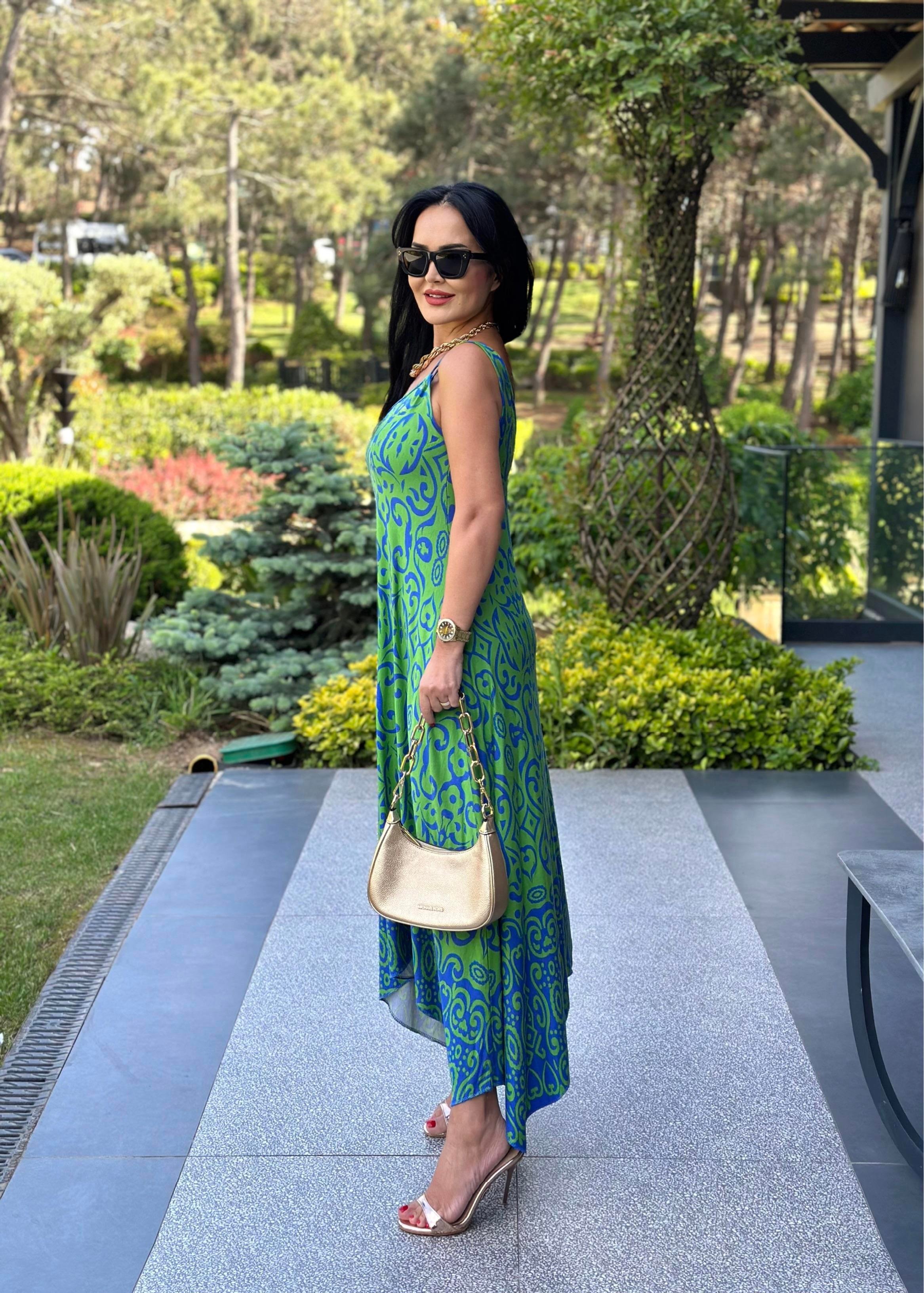 4450 Yeşil   desenli  halka  detaylı asimetrik elbise 4450