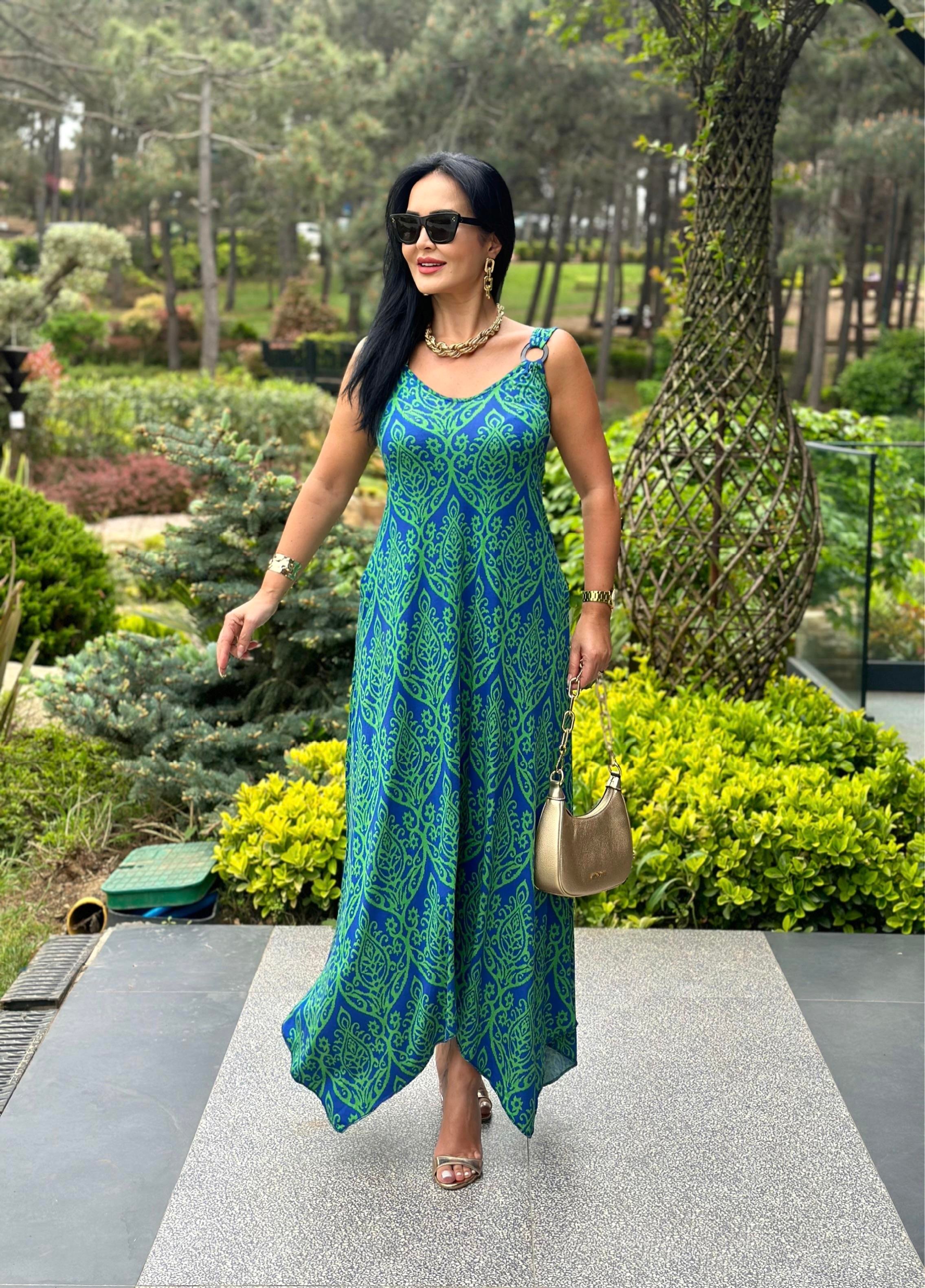 4450 Yeşil  desenli  halka detaylı asimetrik elbise 4450