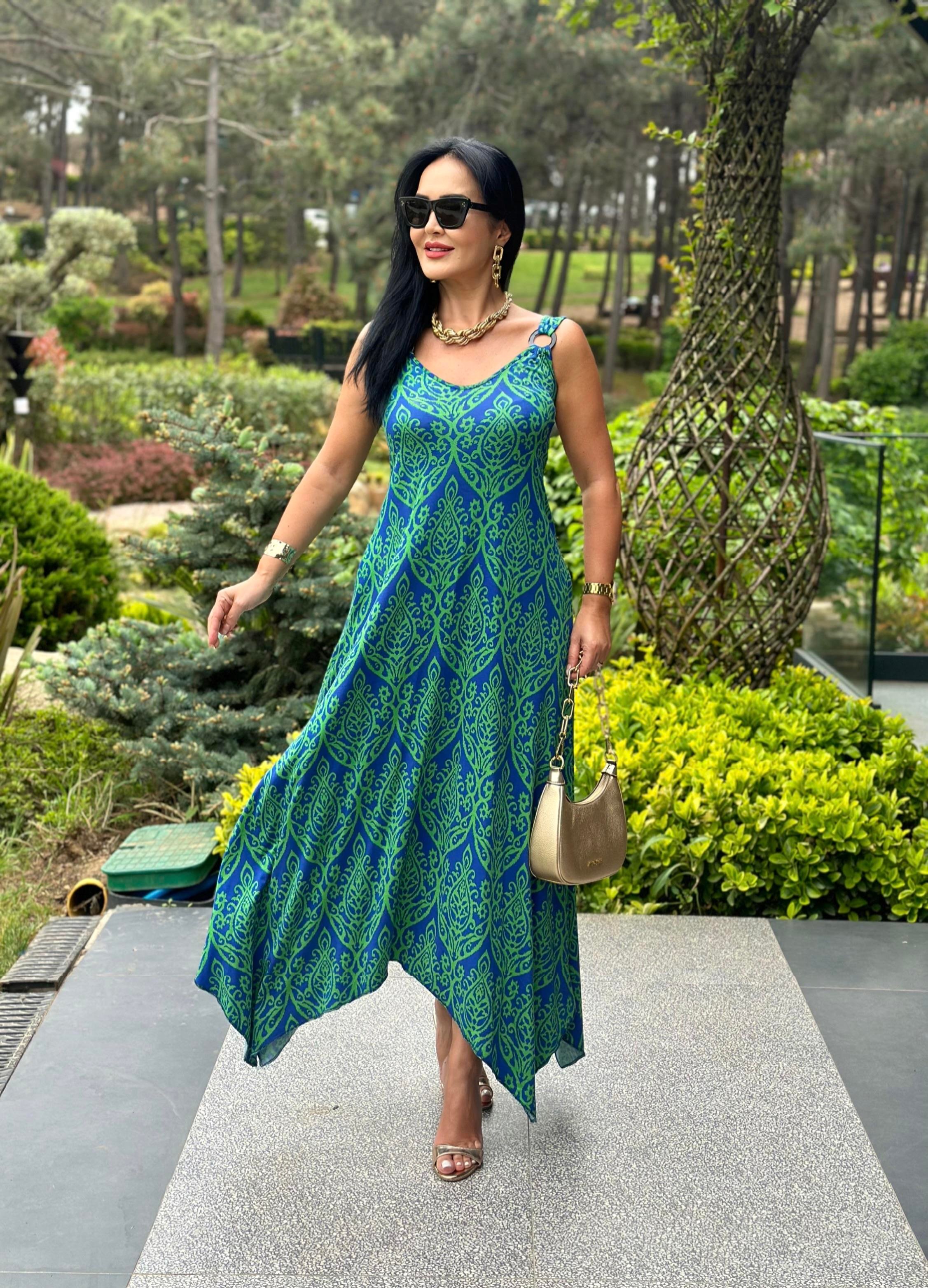 4450 Yeşil  desenli  halka detaylı asimetrik elbise 4450