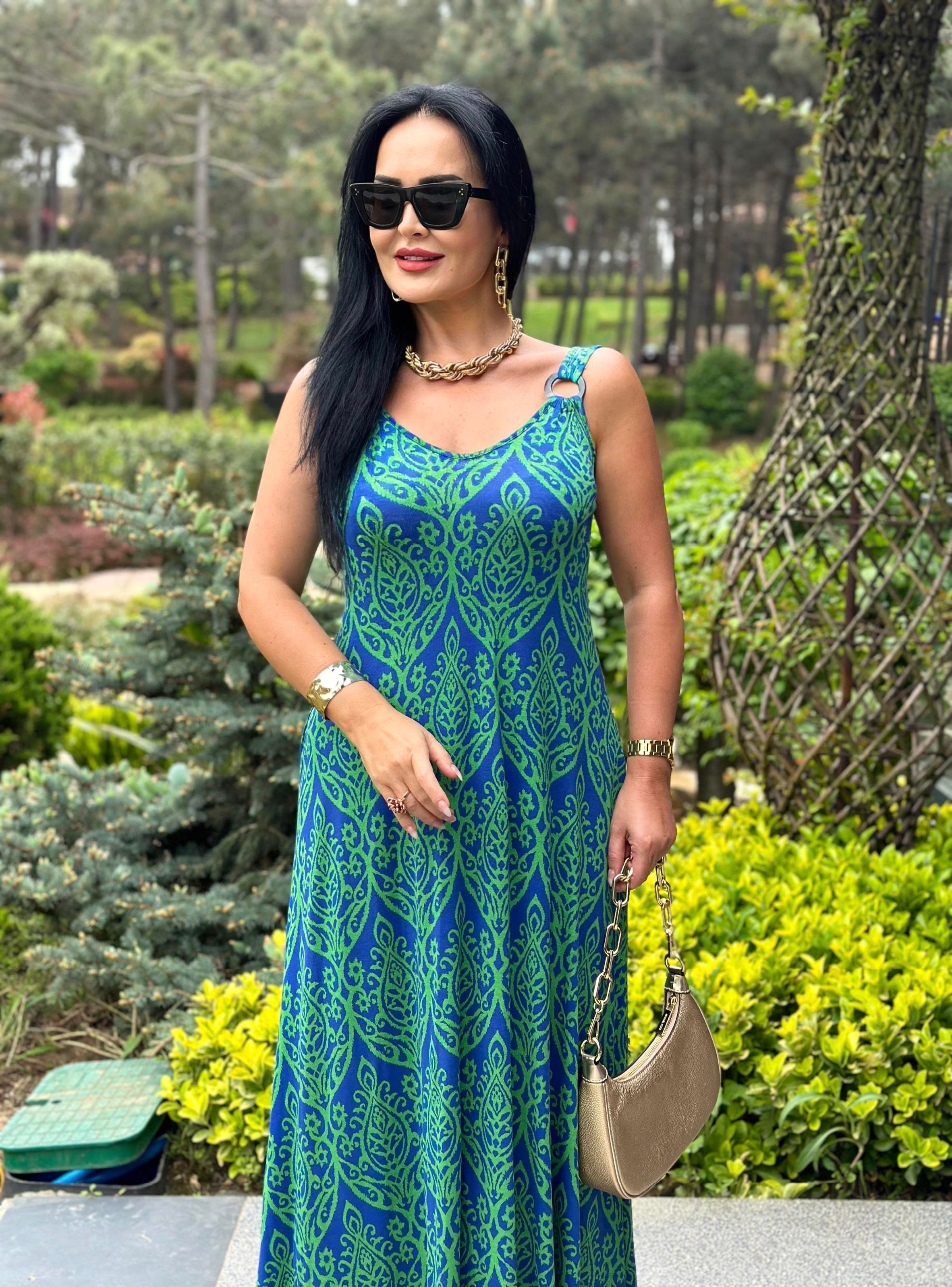 4450 Yeşil  desenli  halka detaylı asimetrik elbise 4450