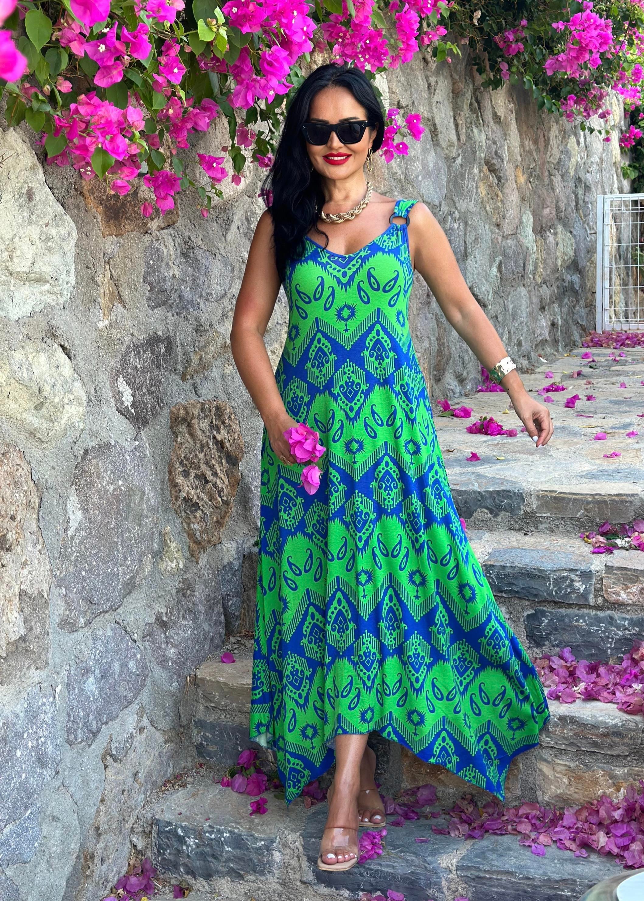 4450 Yeşil     desenli  halka  detaylı asimetrik elbise 4450