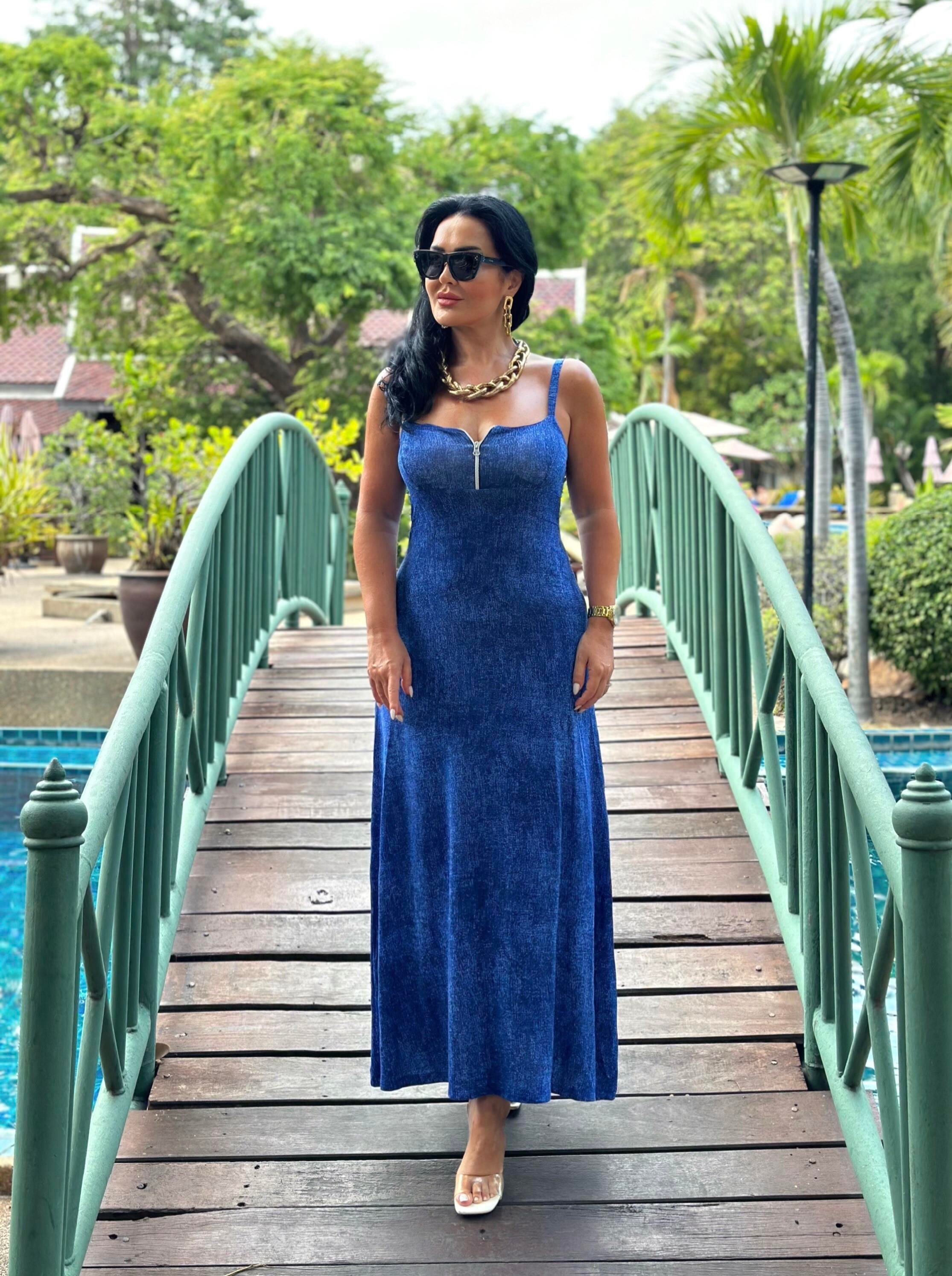 4451  Mavi desenli fermuarlı elbiseJRHURFT7RFTGFUY