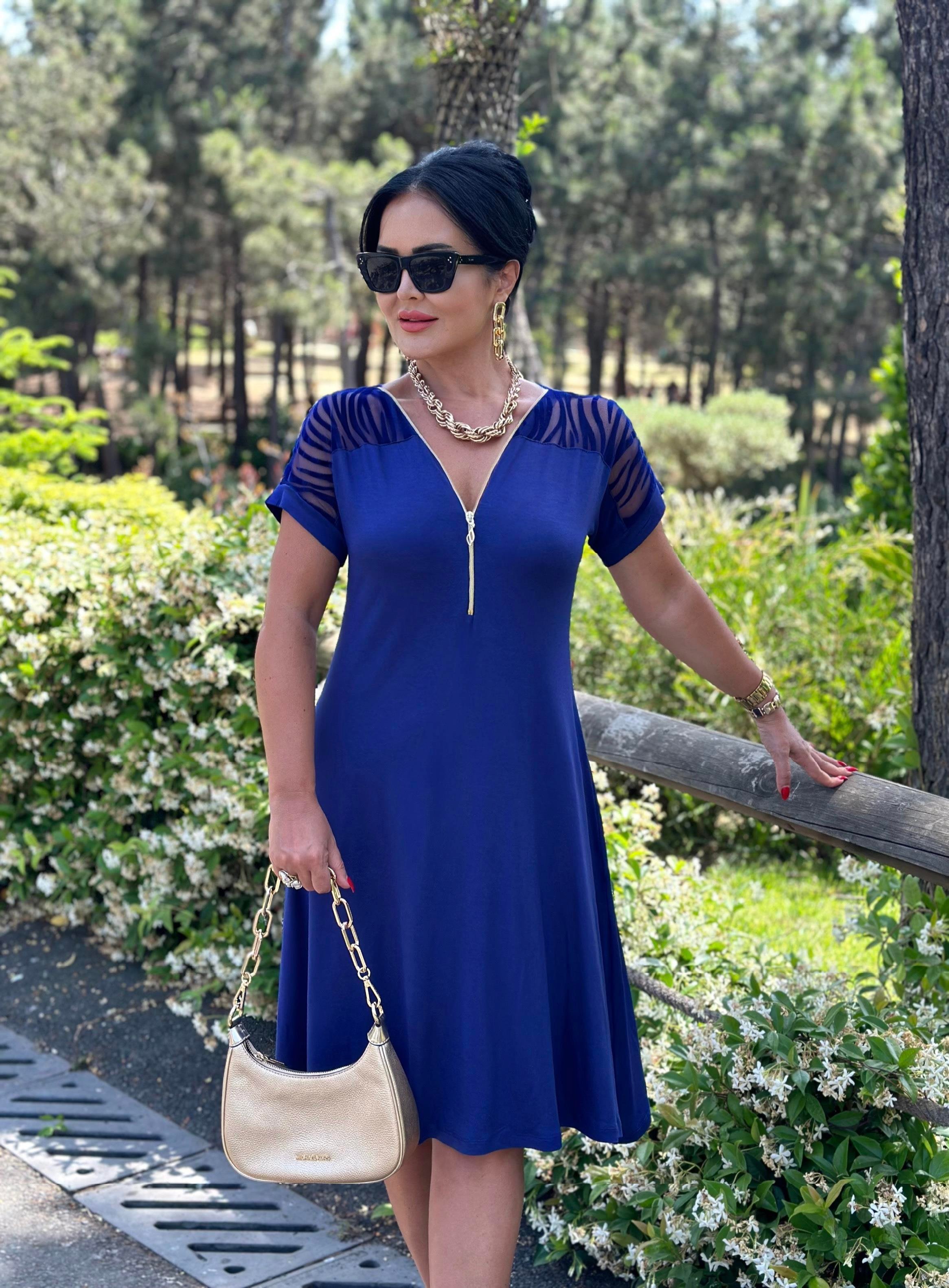 4465  Transparan   fermuarlı lacivert elbise4465