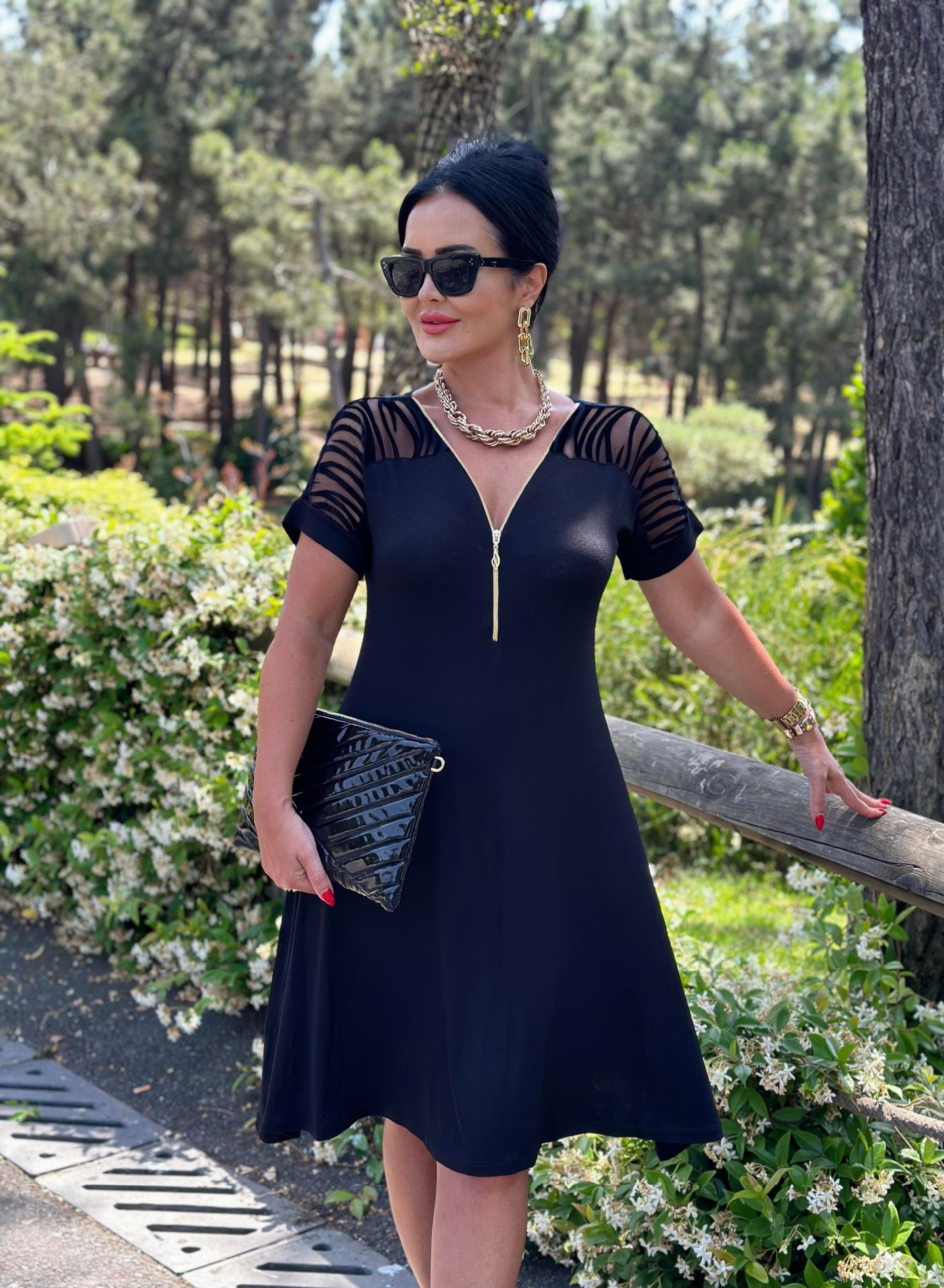 4465 Transparan    fermuarlı siyah elbise4465