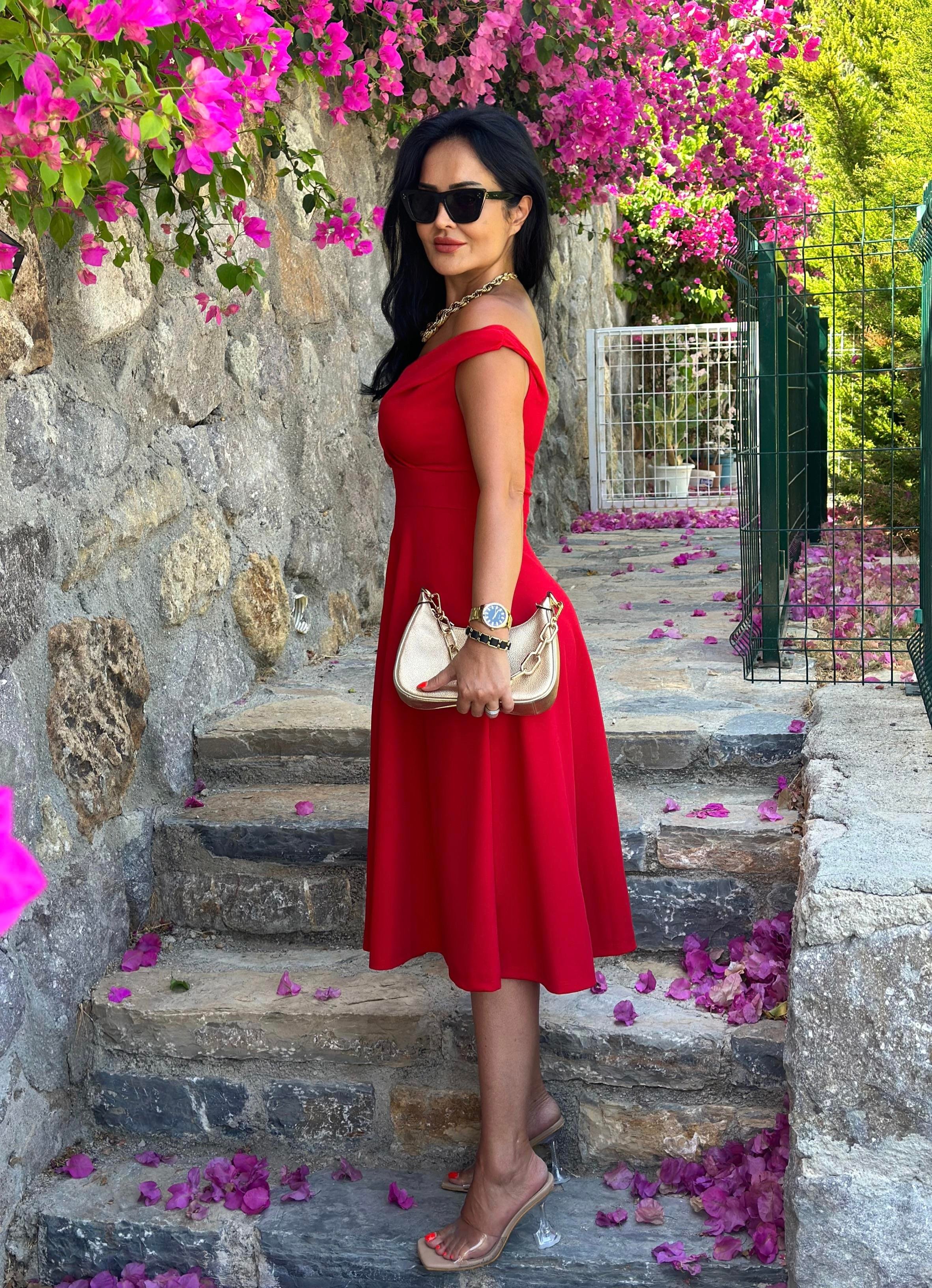 4471 Double   krep  kırmızı elbise 4471