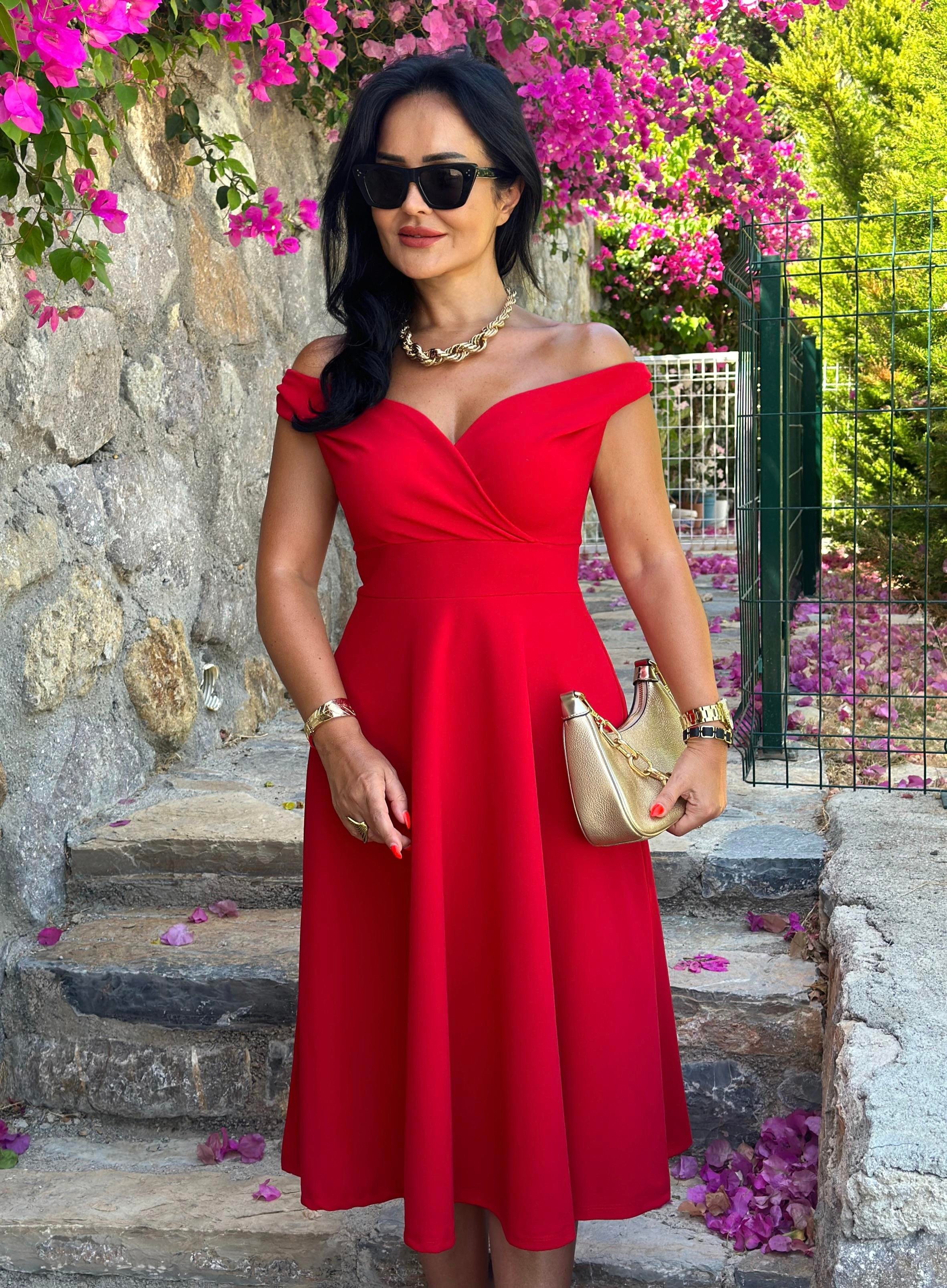 4471 Double   krep  kırmızı elbise 4471