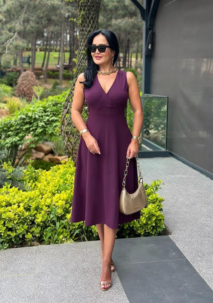 4494 Double    krep  mürdüm elbise 4494