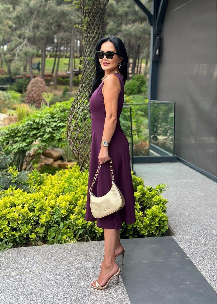 4494 Double    krep  mürdüm elbise 4494