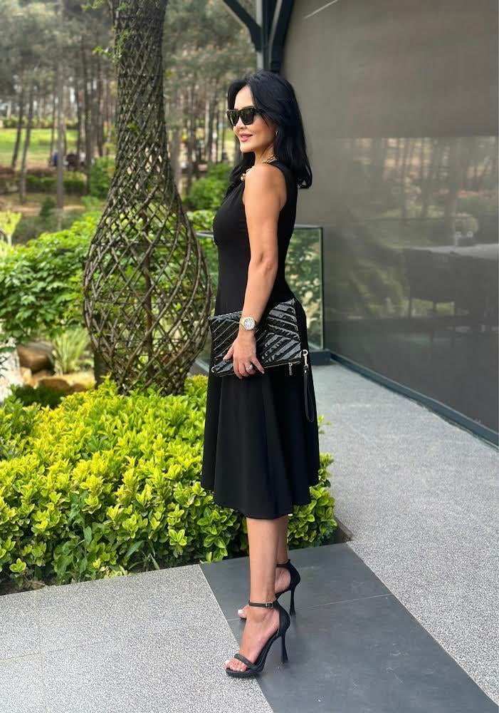 4494 Double    krep  siyah elbise 4494