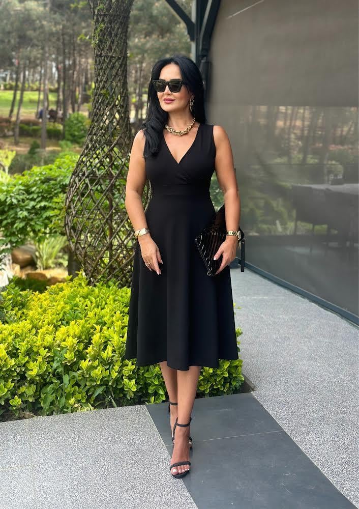 4494 Double    krep  siyah elbise 4494