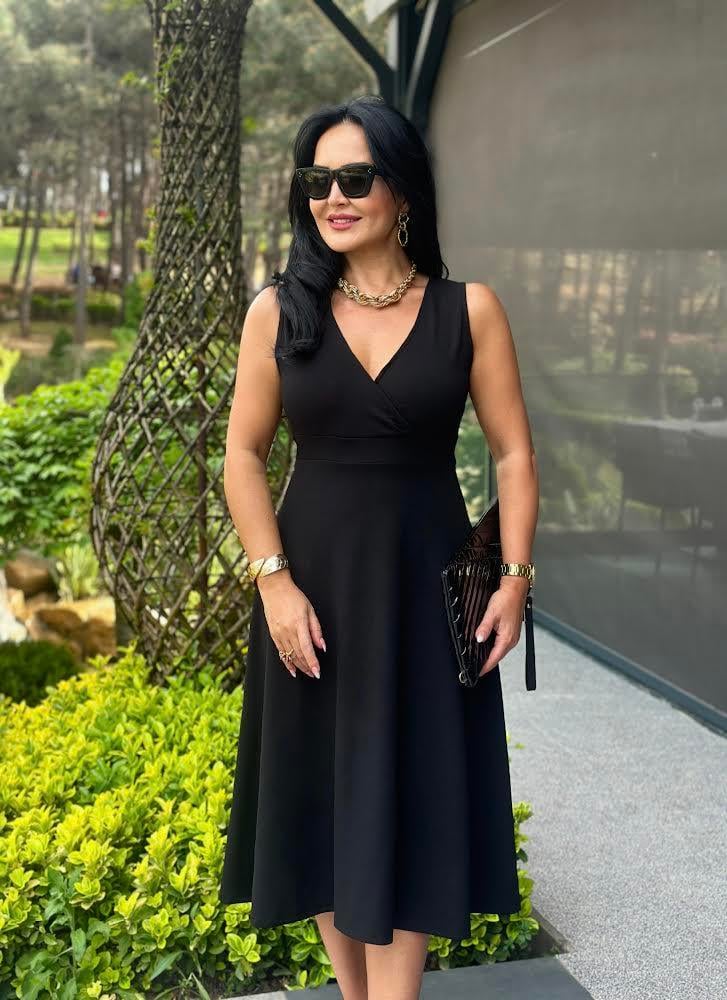 4494 Double    krep  siyah elbise 4494