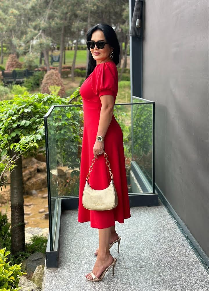 4495 Double   krep  kırmızı elbise 4495