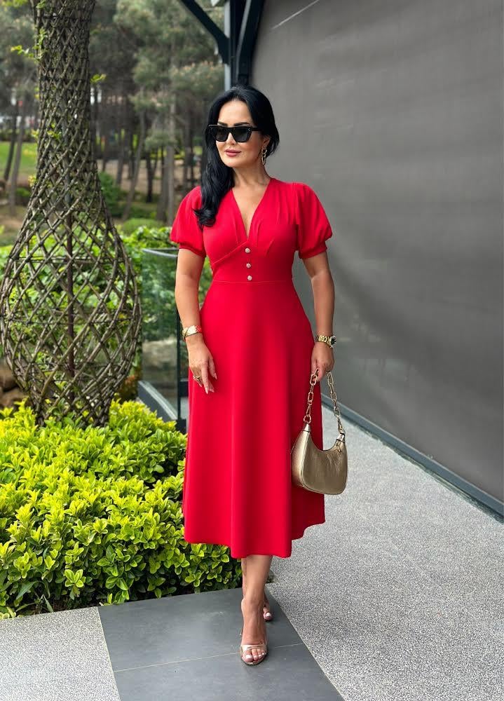 4495 Double   krep  kırmızı elbise 4495