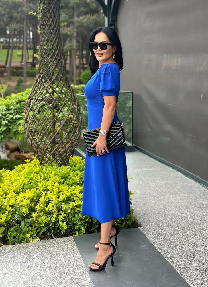 4495 Double   krep  mavi elbise 4495