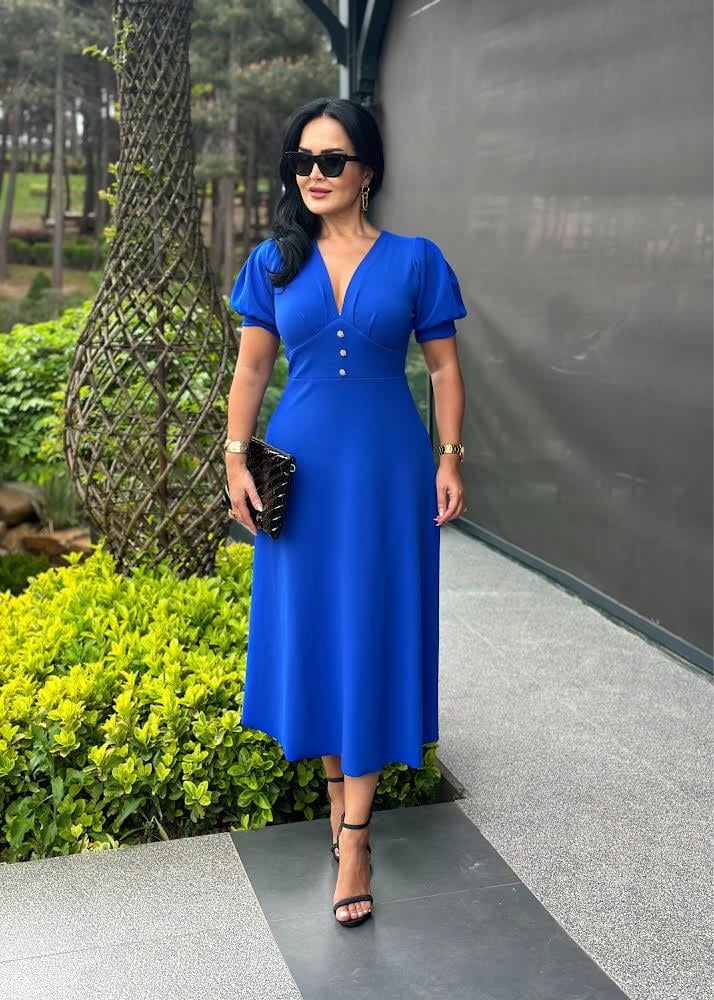 4495 Double   krep  mavi elbise 4495