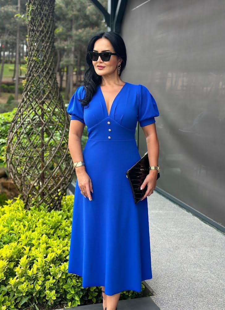 4495 Double   krep  mavi elbise 4495