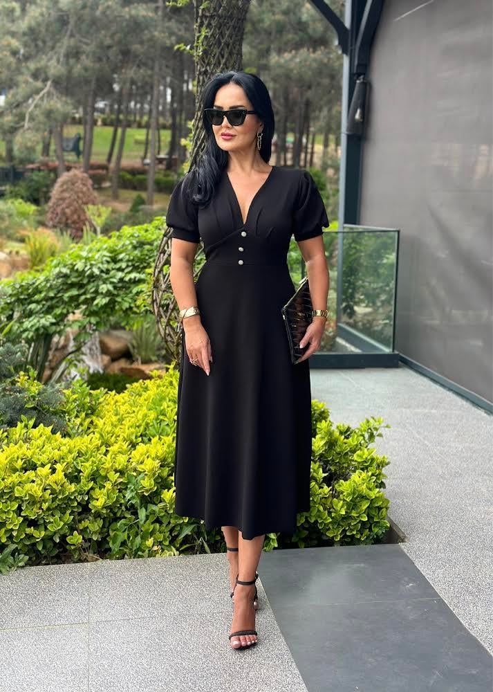 4495 Double   krep  siyah elbise 4495