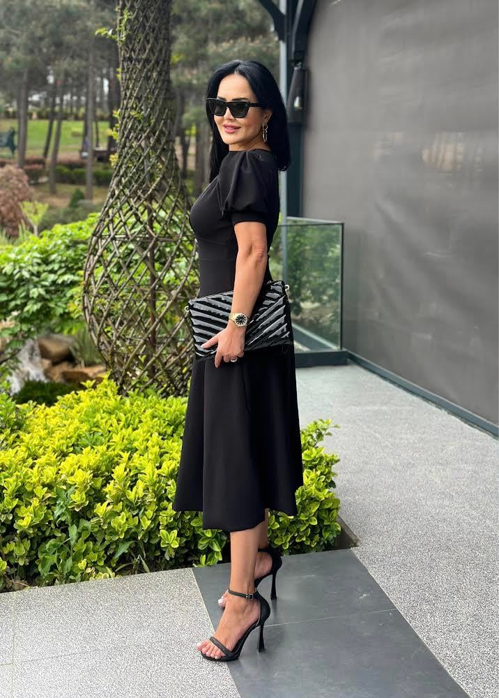 4495 Double   krep  siyah elbise 4495