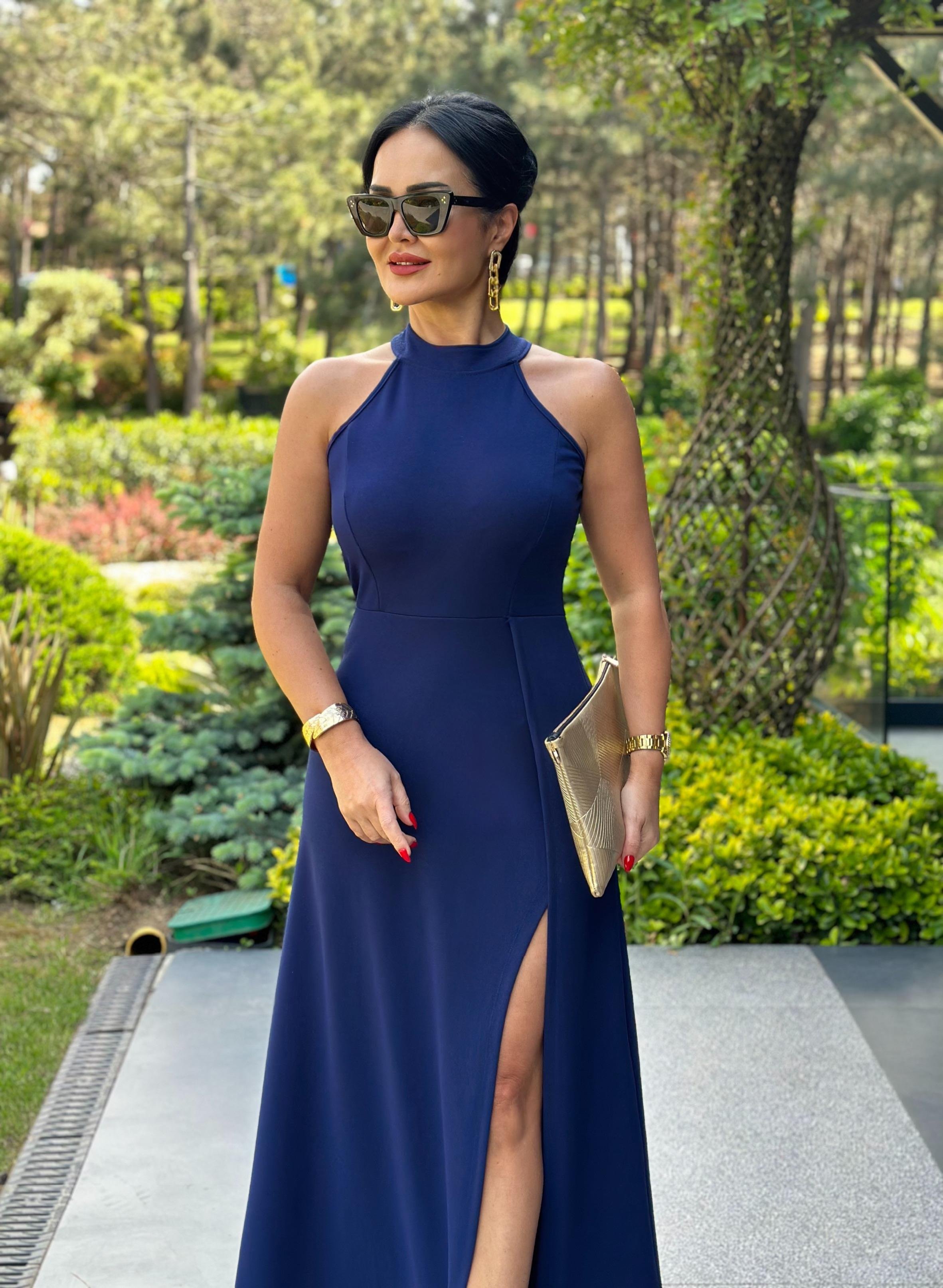 4500  Lacivert halter yaka elbise4500