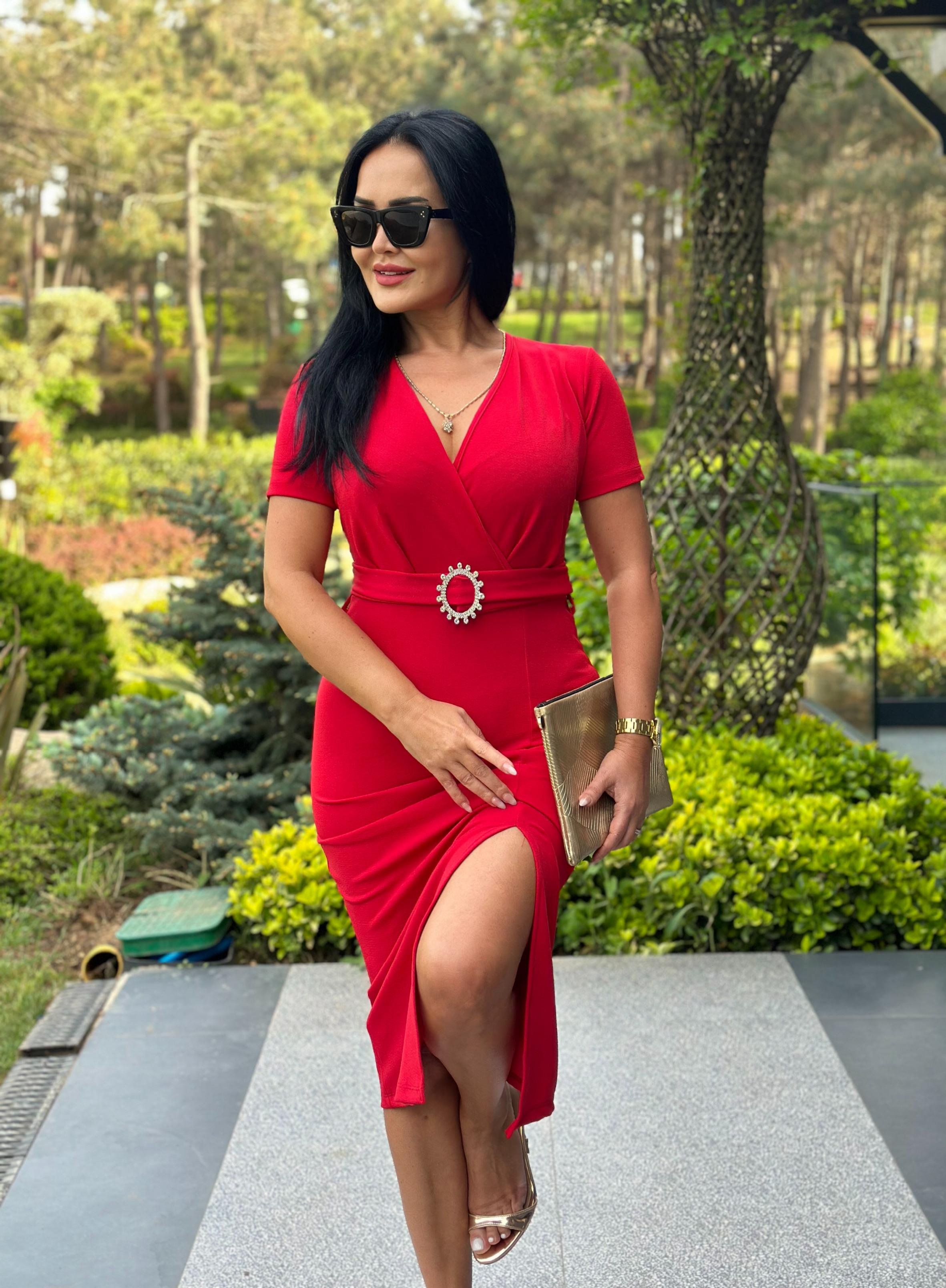 4501 Kruvaze yaka kırmızı elbise4501