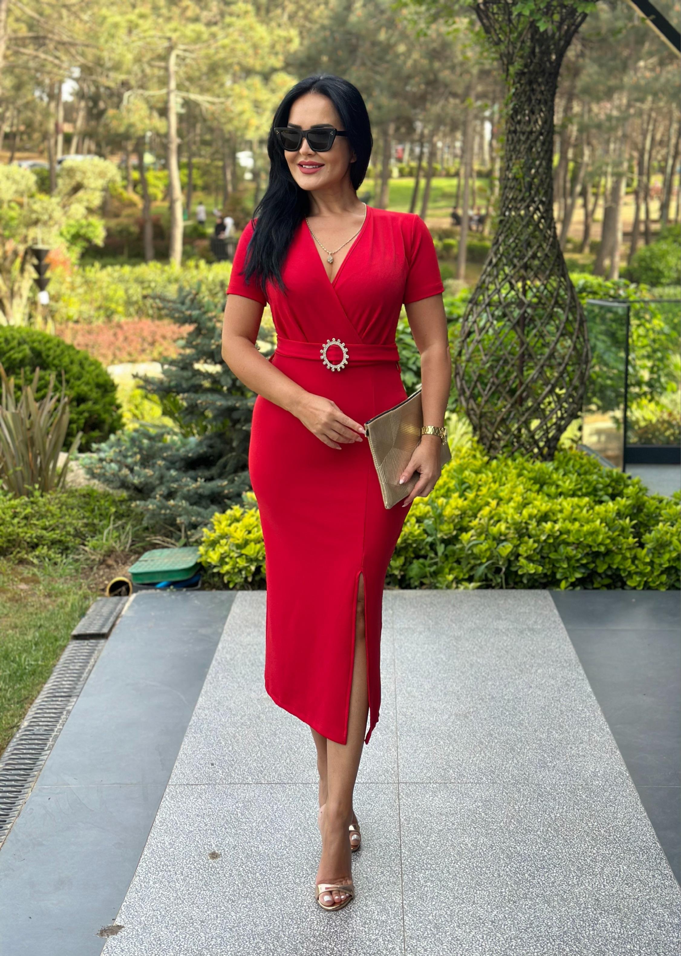 4501 Kruvaze yaka kırmızı elbise4501