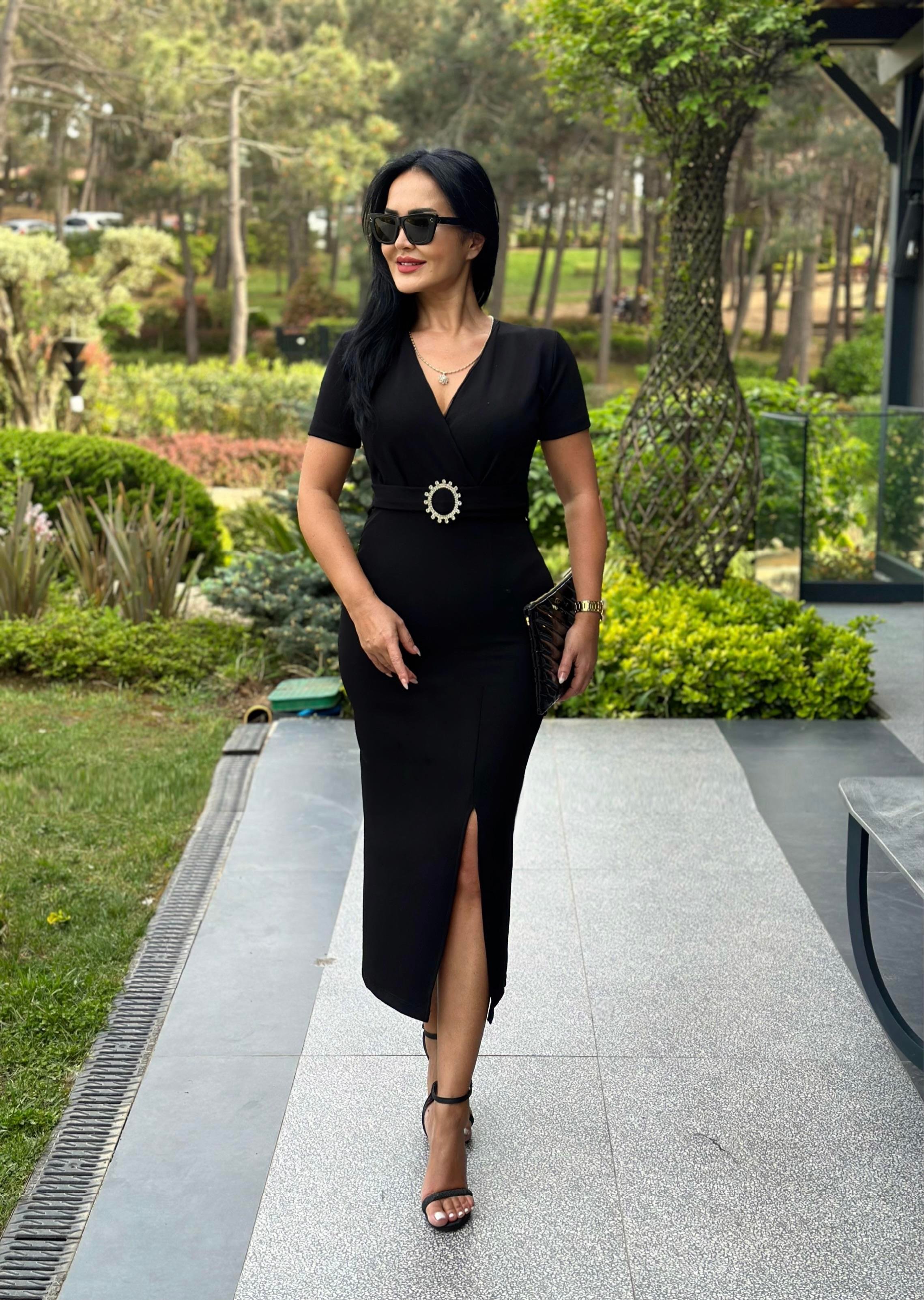 4501 Kruvaze yaka siyah elbise4501