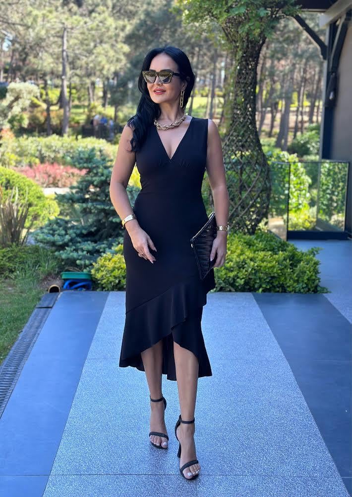 4508 Double  krep siyah elbise4508