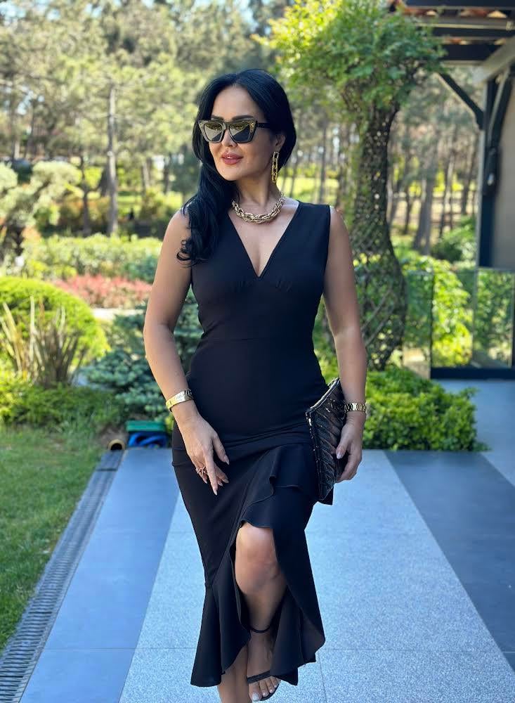 4508 Double  krep siyah elbise4508