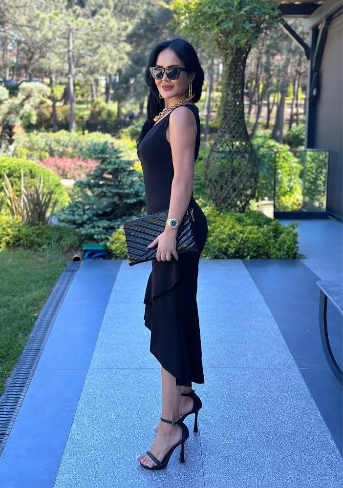 4508 Double  krep siyah elbise4508