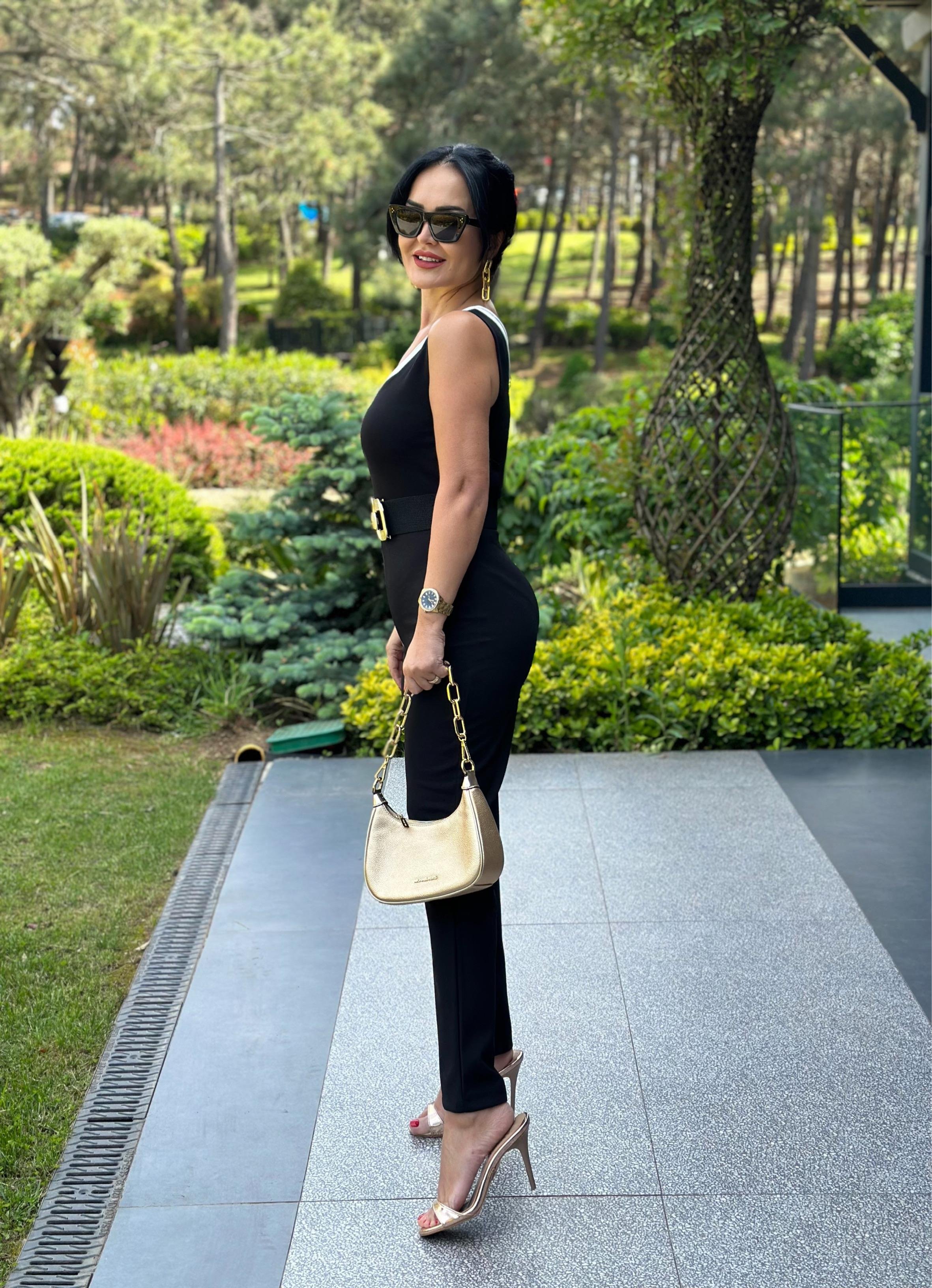 4512 Omuz dekolteli double krep siyah tulum4509