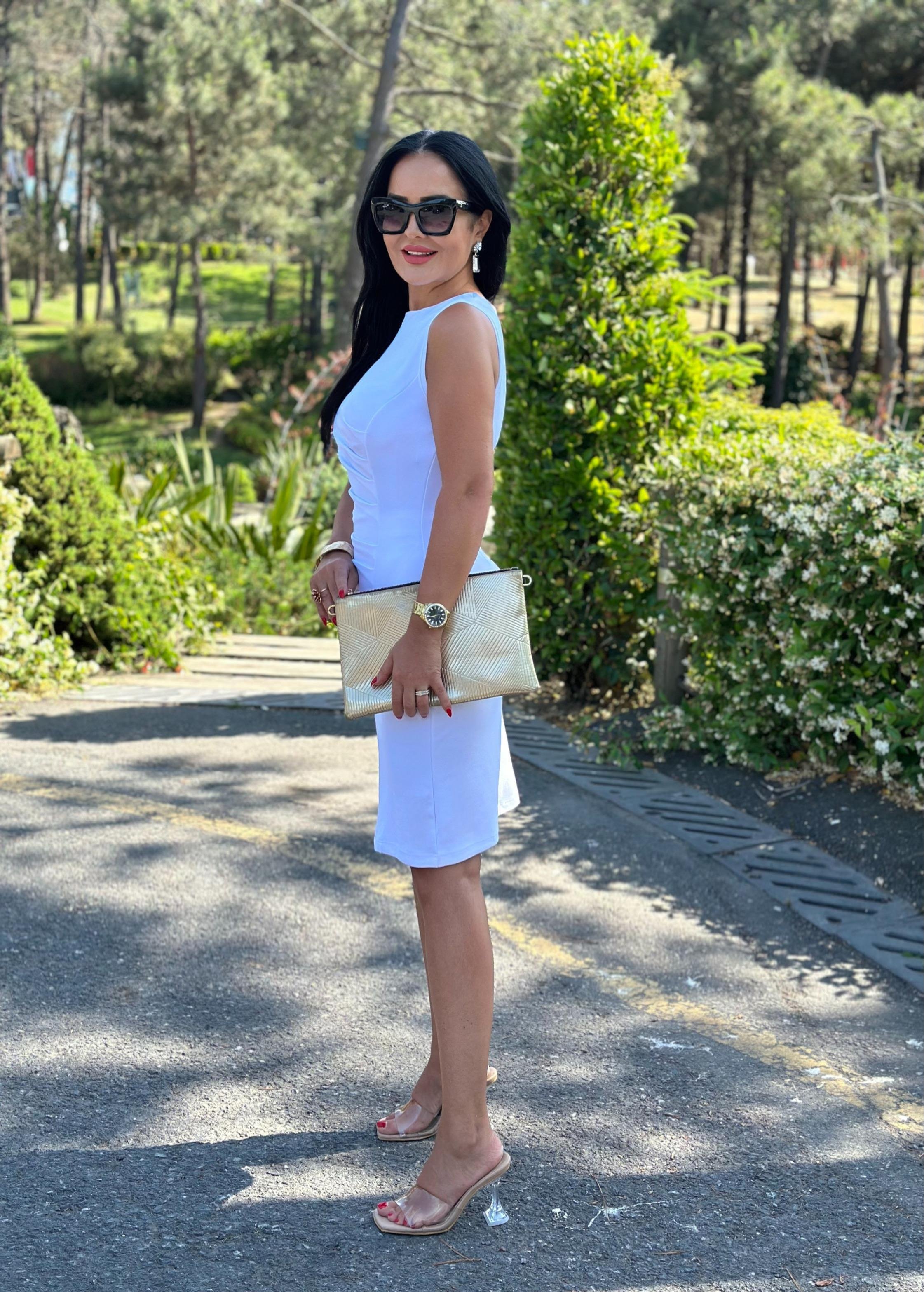 4514 Drapeli double krep midi boy beyaz elbise4514