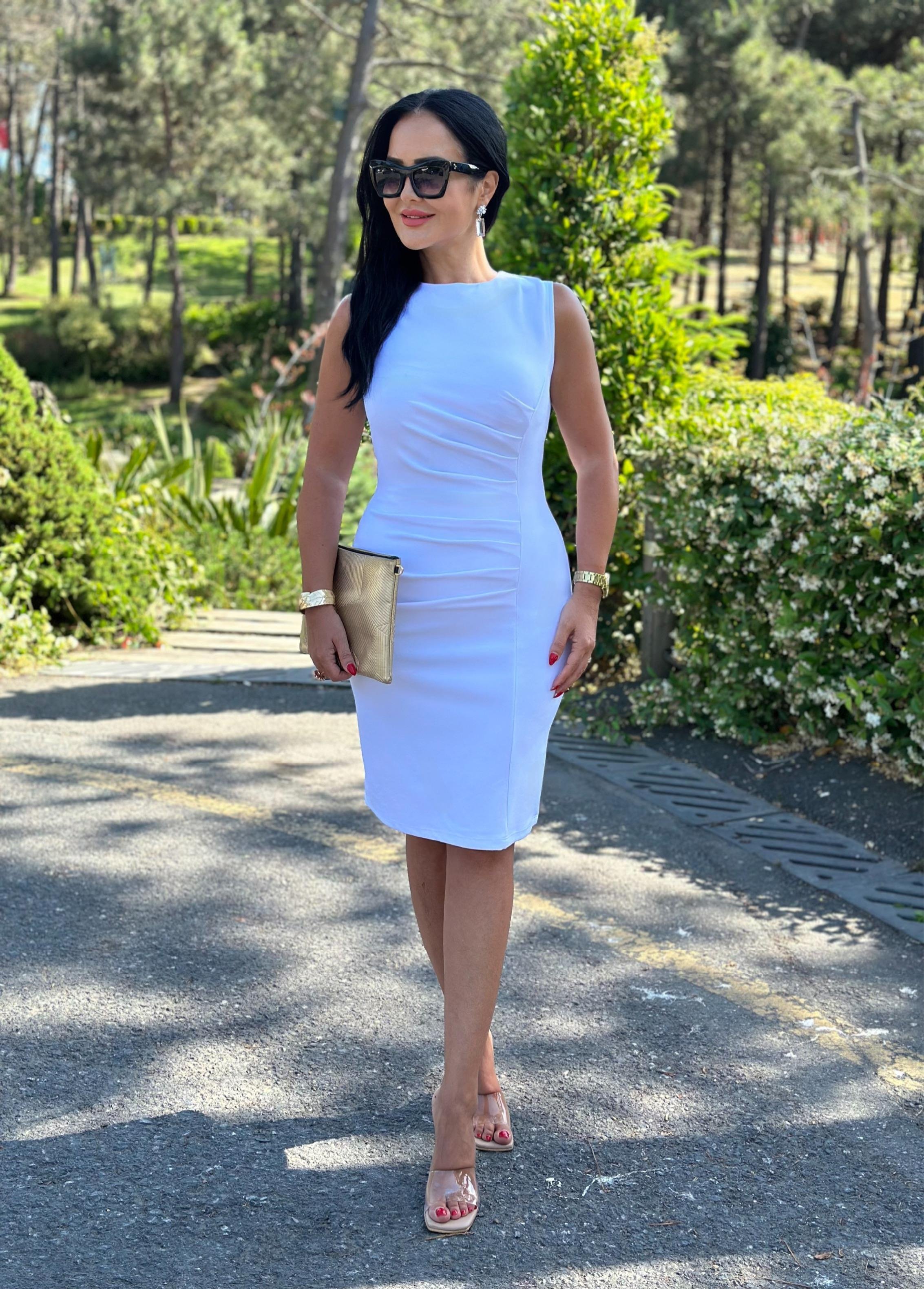 4514 Drapeli double krep midi boy beyaz elbise4514