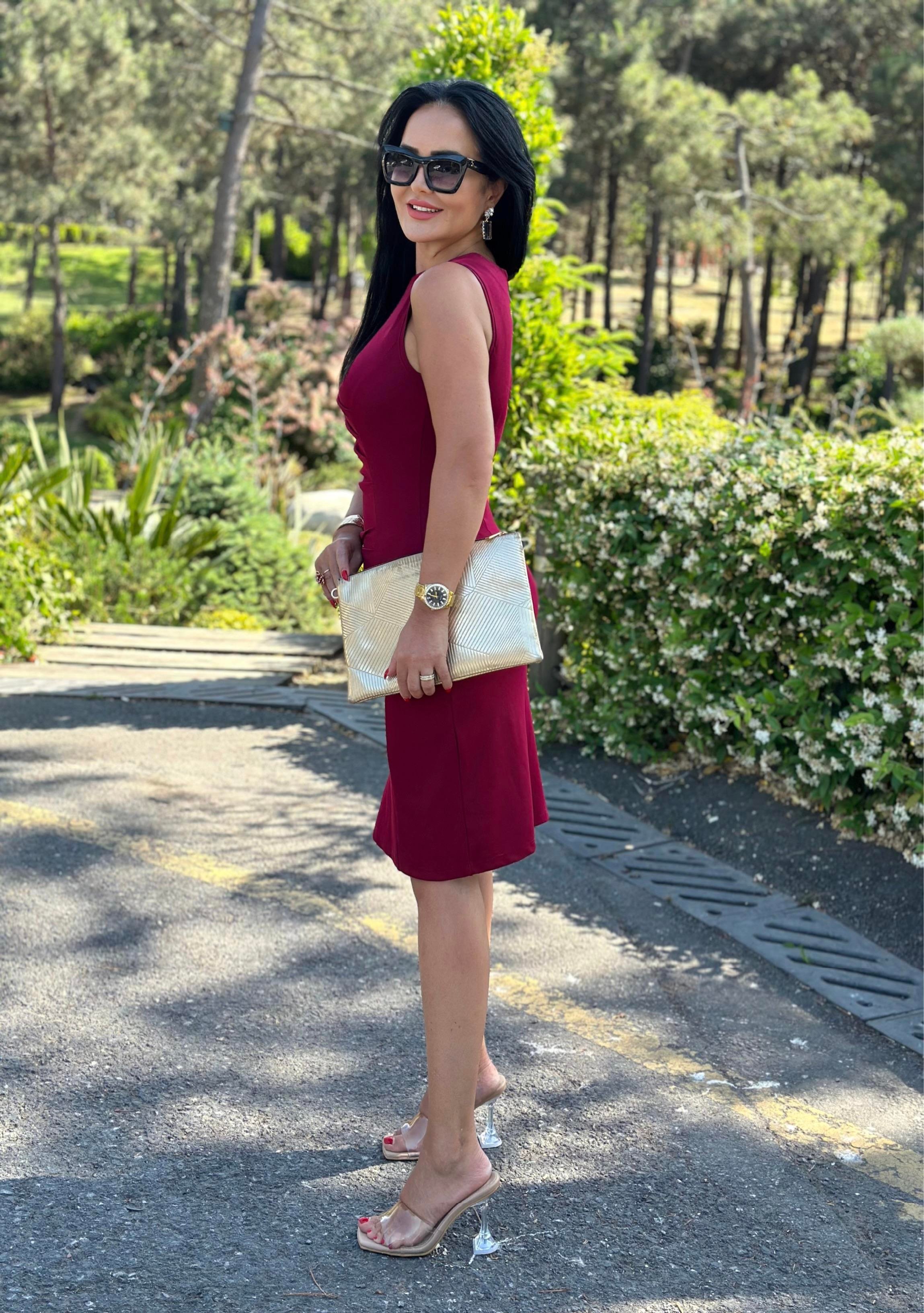 4514 Drapeli double krep midi boy bordo elbise4514