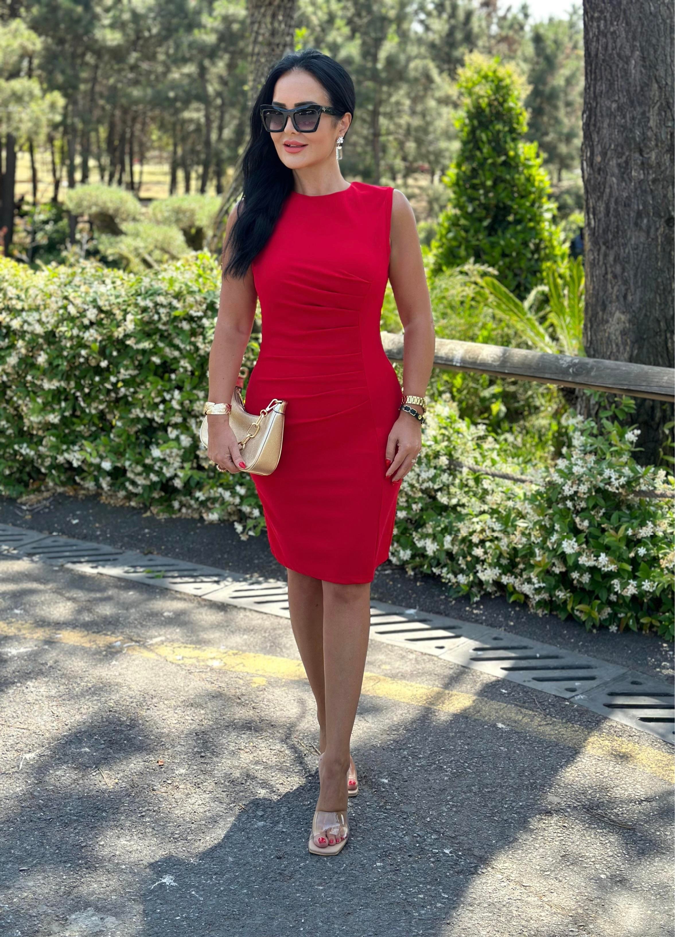 4514 Drapeli double krep midi boy kırmızı elbise4514