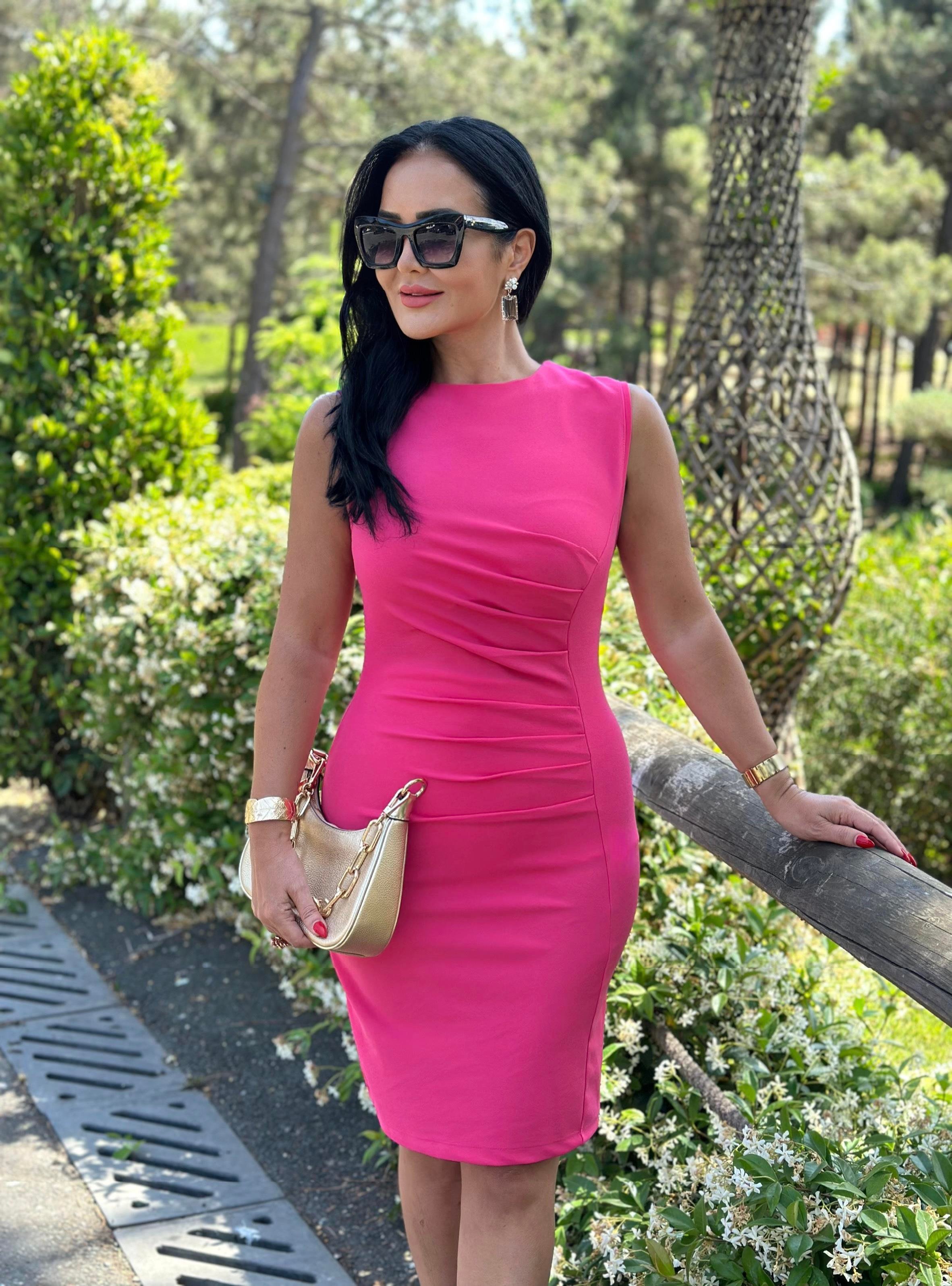 4514 Drapeli double krep midi boy pembe elbise4514