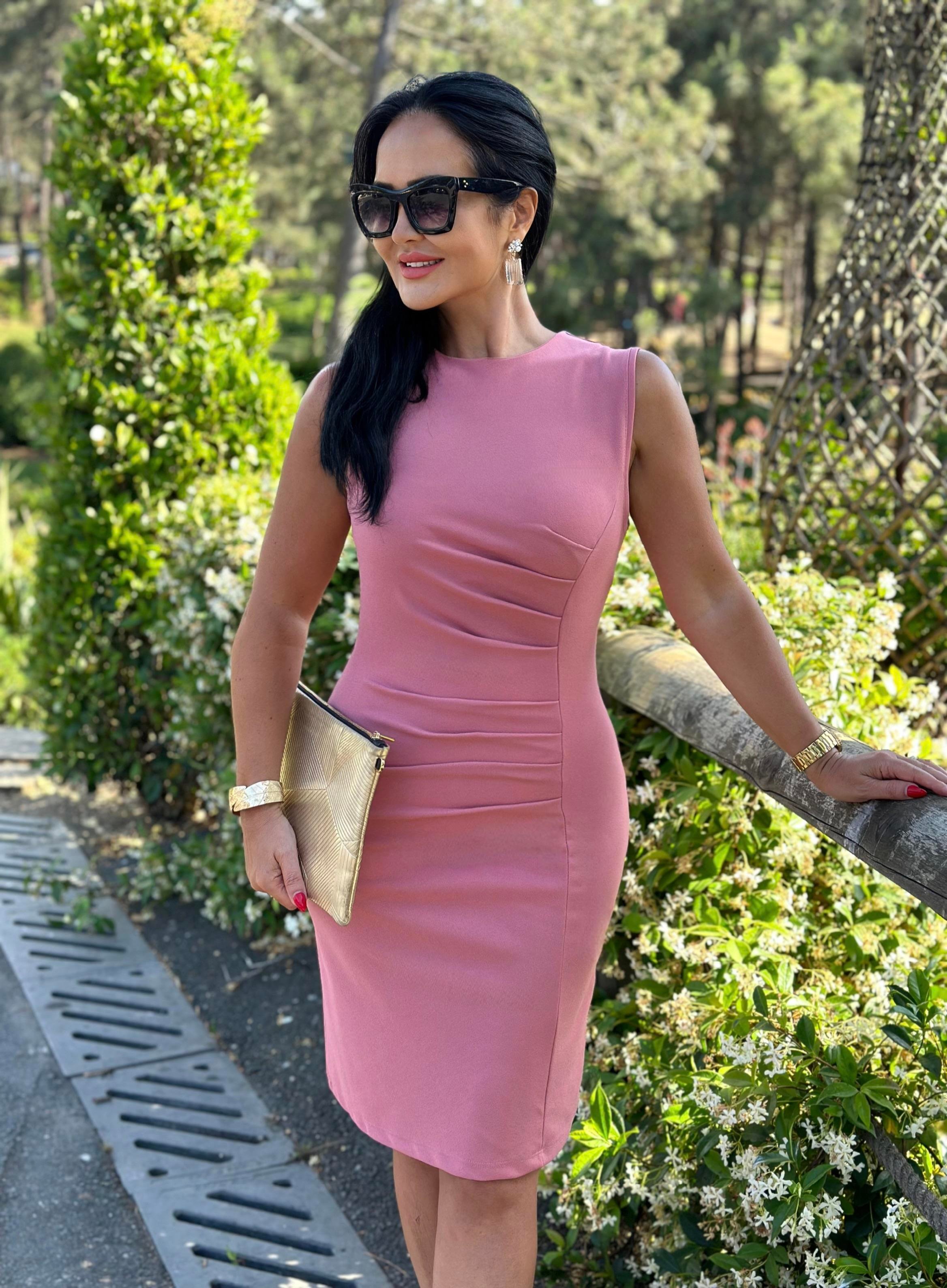 4514 Drapeli double krep midi boy pudra elbise 4514