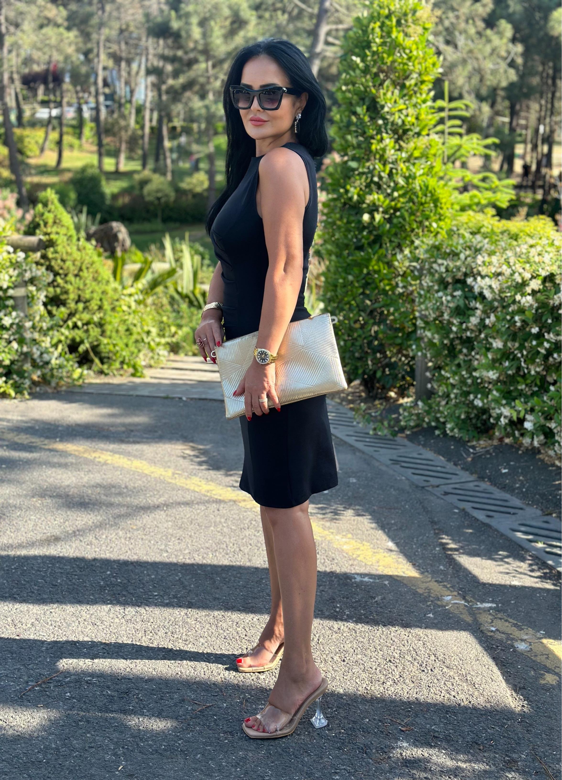 4514 Drapeli double krep midi boy siyah elbise 4514