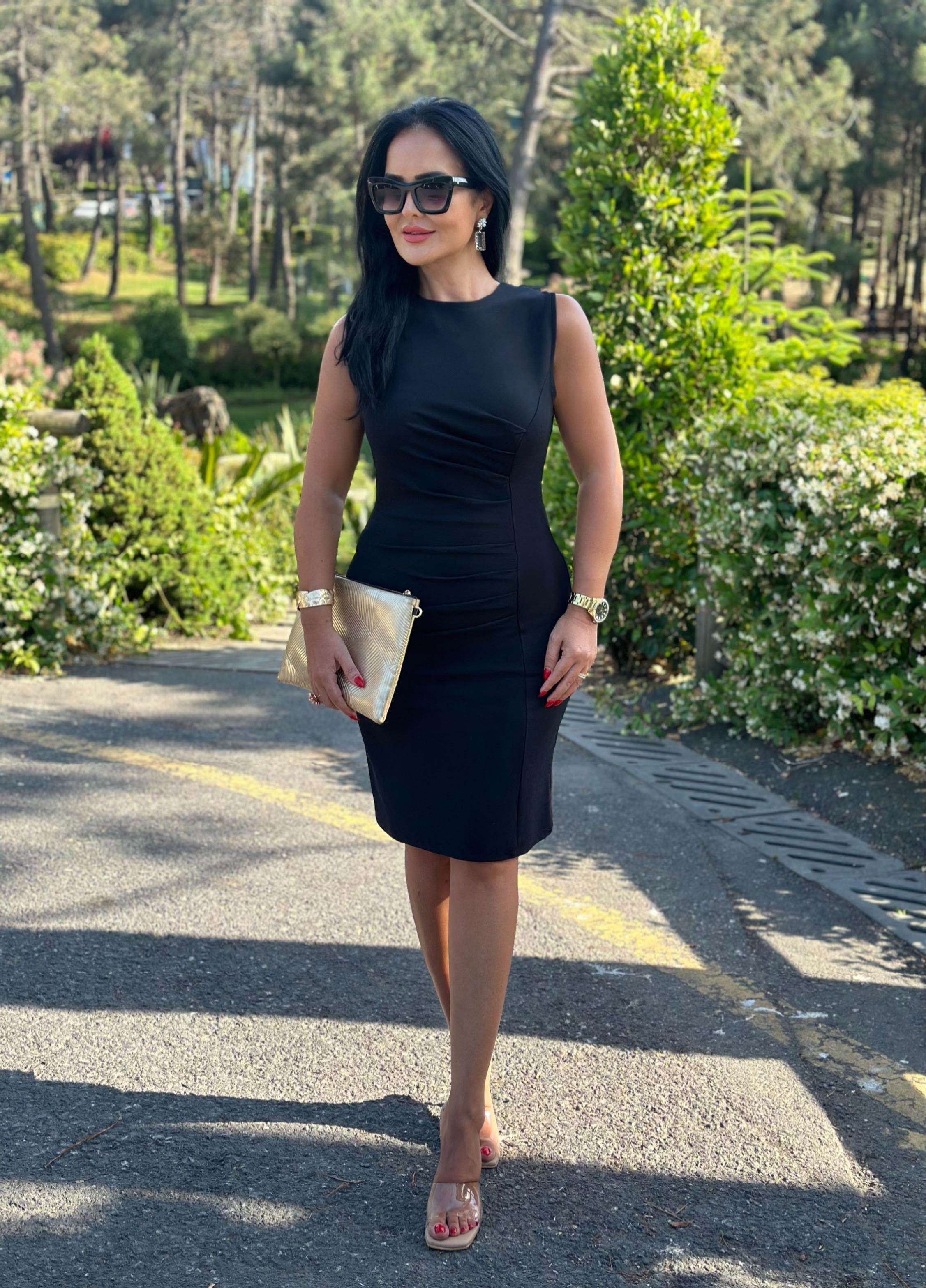 4514 Drapeli double krep midi boy siyah elbise 4514