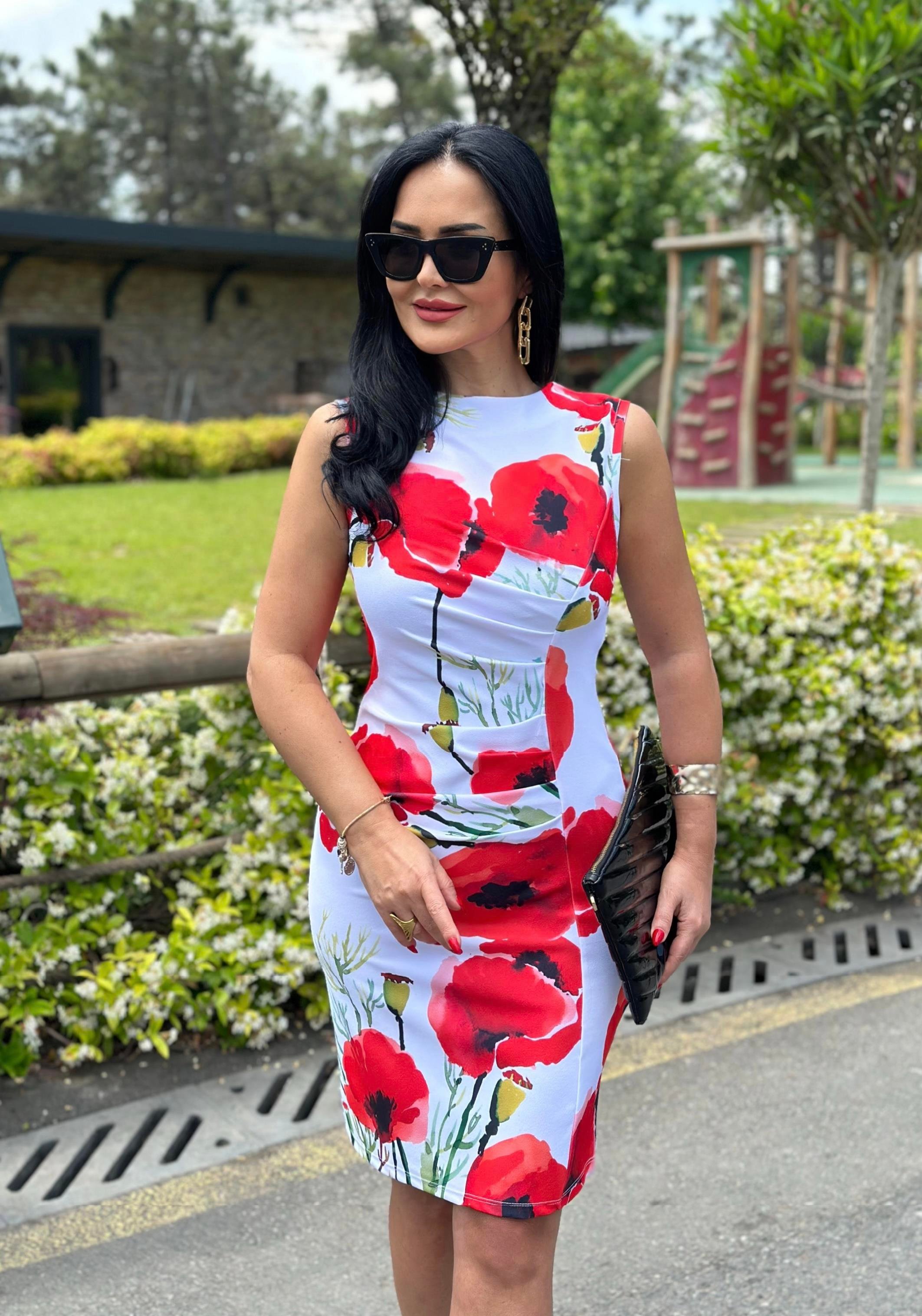 4515 Drapeli double krep kırmızı desenli elbise4515