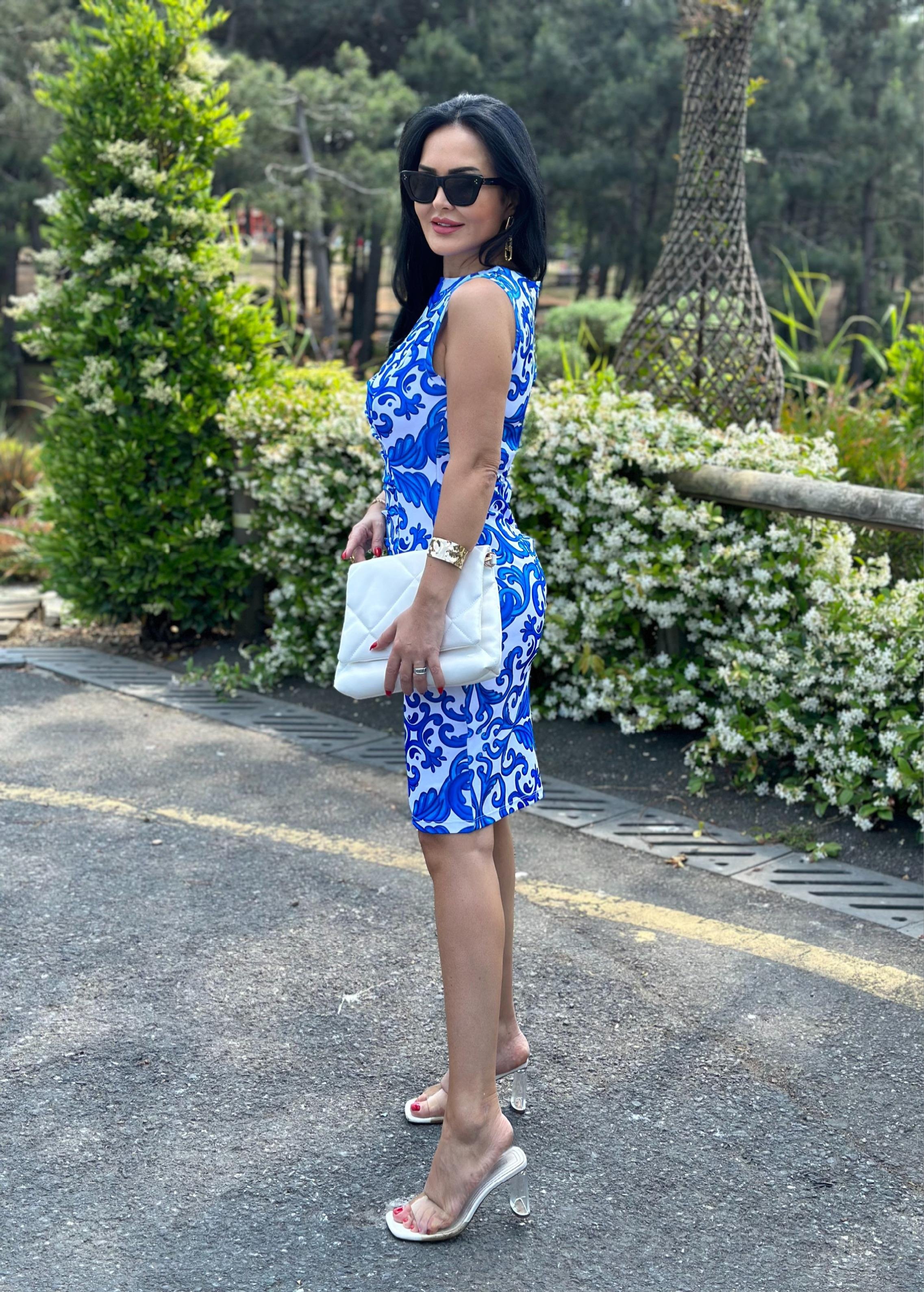 4515 Drapeli double krep mavi desenli elbise4515