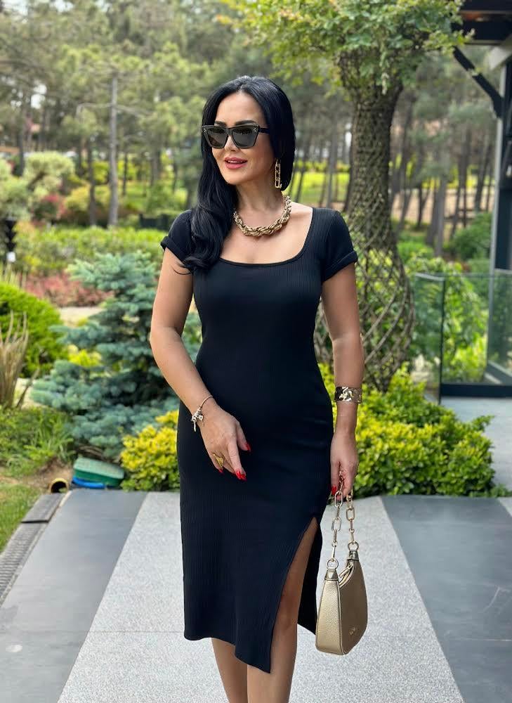 4517 Fitilli u yaka siyah elbise4517