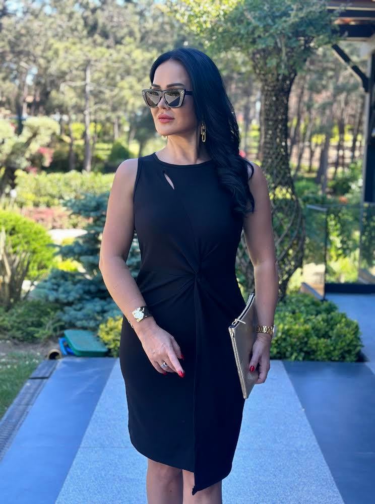 4518 Double krep siyah elbise 4518