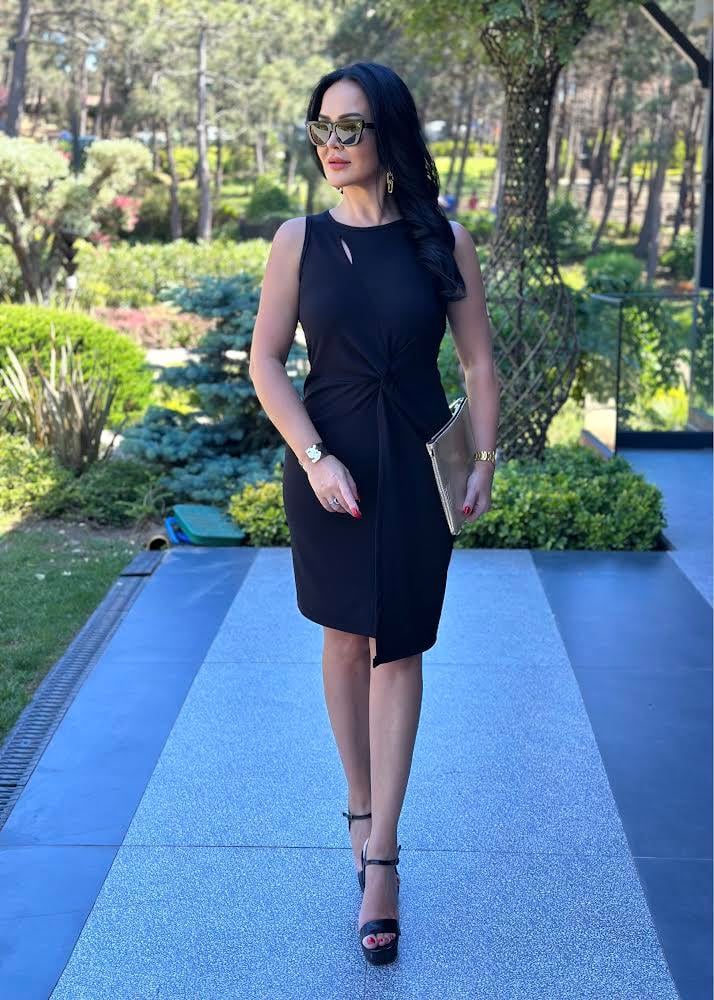 4518 Double krep siyah elbise 4518